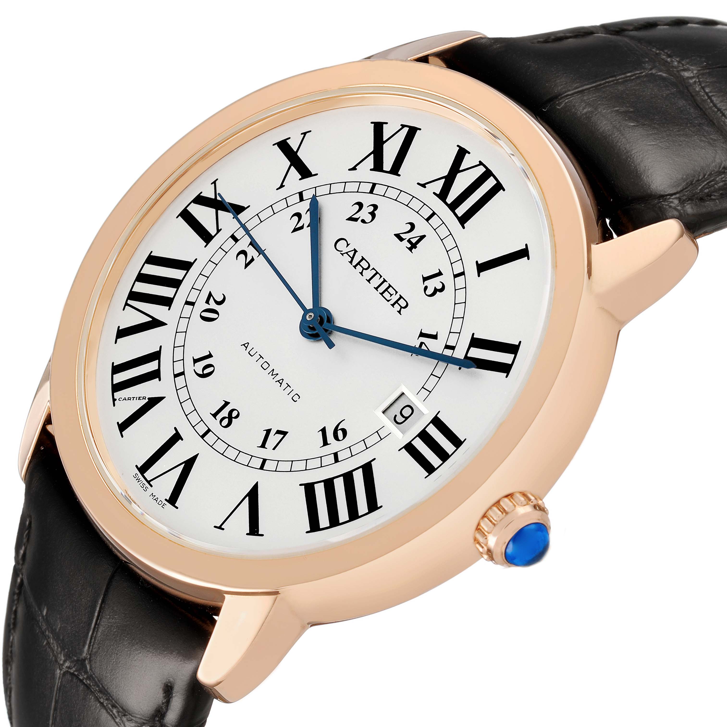 The Cartier Ronde W6701009 Men's Rose Gold Silver Dial watch is shown at an angled side view, highlighting its face, blue hands, Roman numerals, date window, and leather strap.