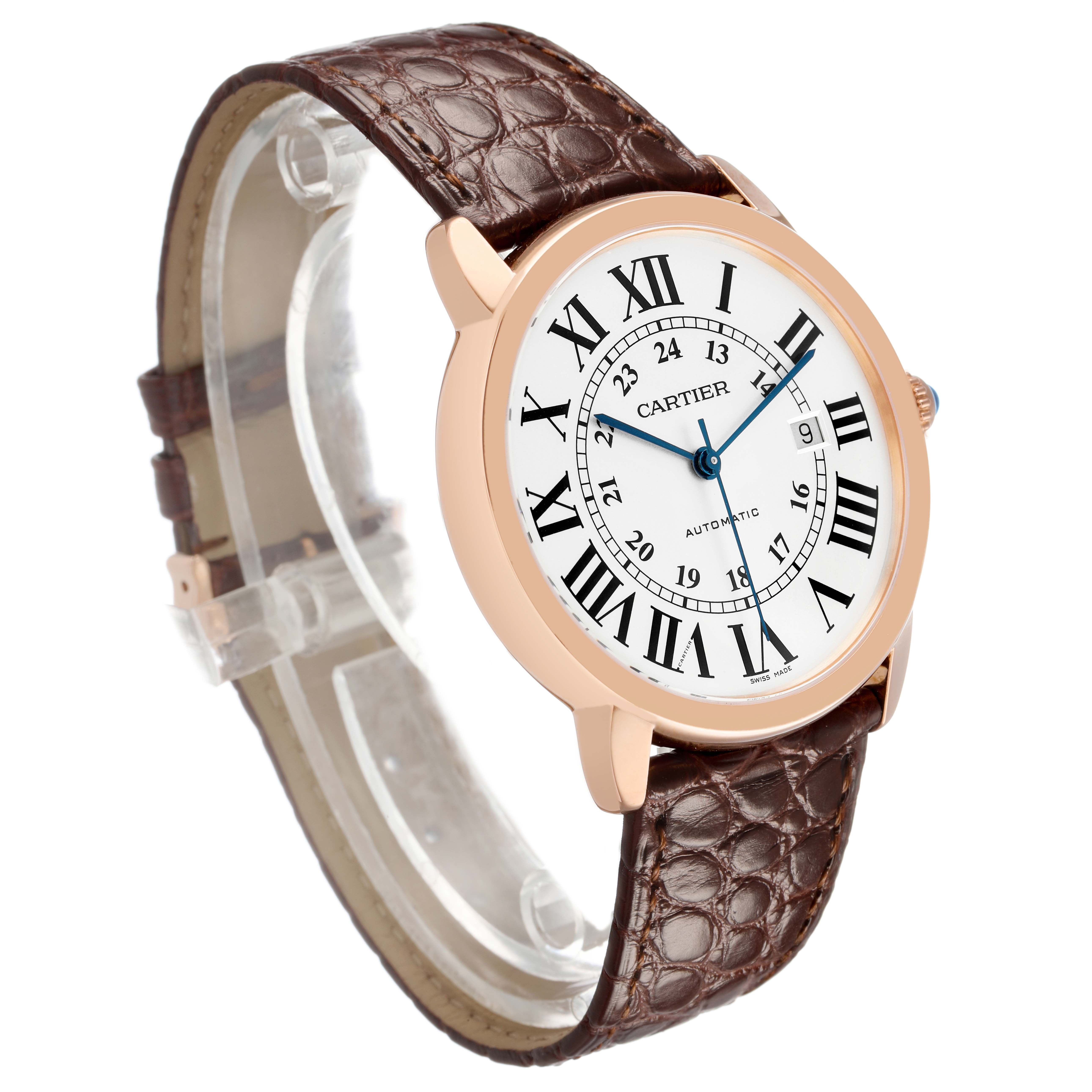 The Cartier Ronde W6701009 Men's Rose Gold Silver Dial watch is shown at a slight angle, displaying the face, Roman numerals, leather strap, and side crown.