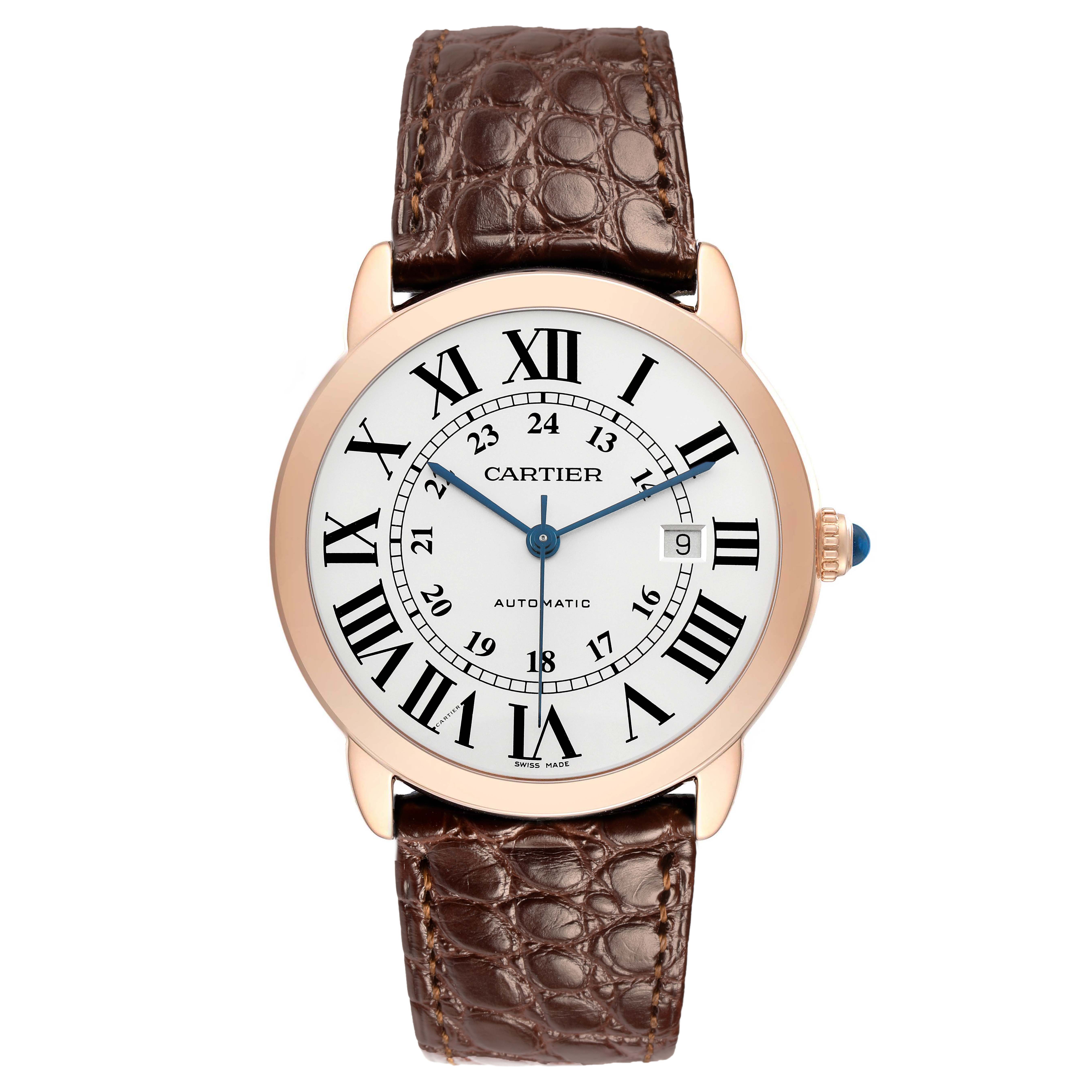 The Cartier Ronde W6701009 Men's Rose Gold Silver Dial watch is shown from a front angle, displaying the face, leather strap, and crown.