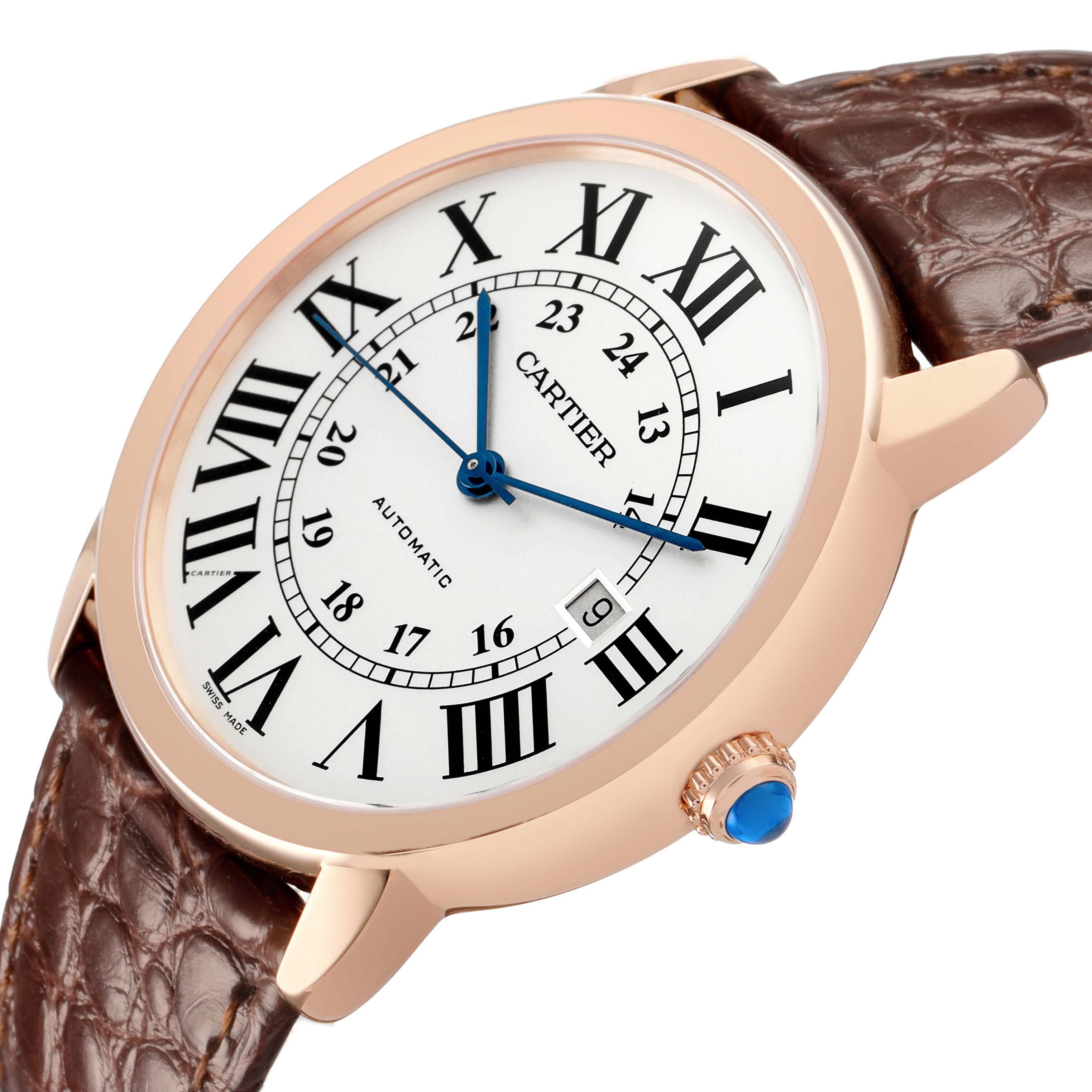 The Cartier Ronde W6701009 Men's Rose Gold Silver Dial watch is shown in a tilted angle, highlighting the face, strap, crown, and Roman numerals.