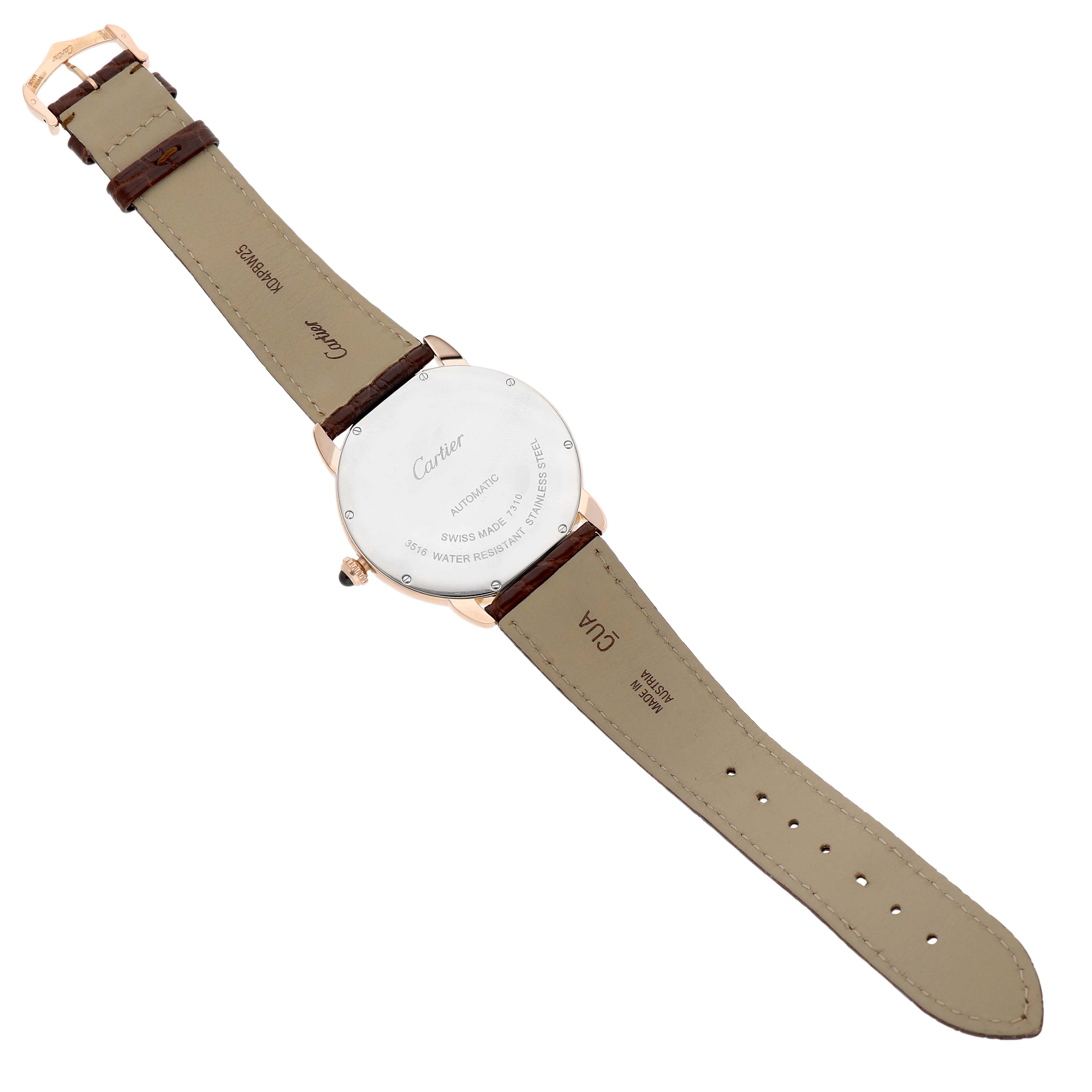 The image shows the back view of a Cartier Ronde W6701009 Men's Rose Gold Silver Dial watch, displaying the case back and leather straps.