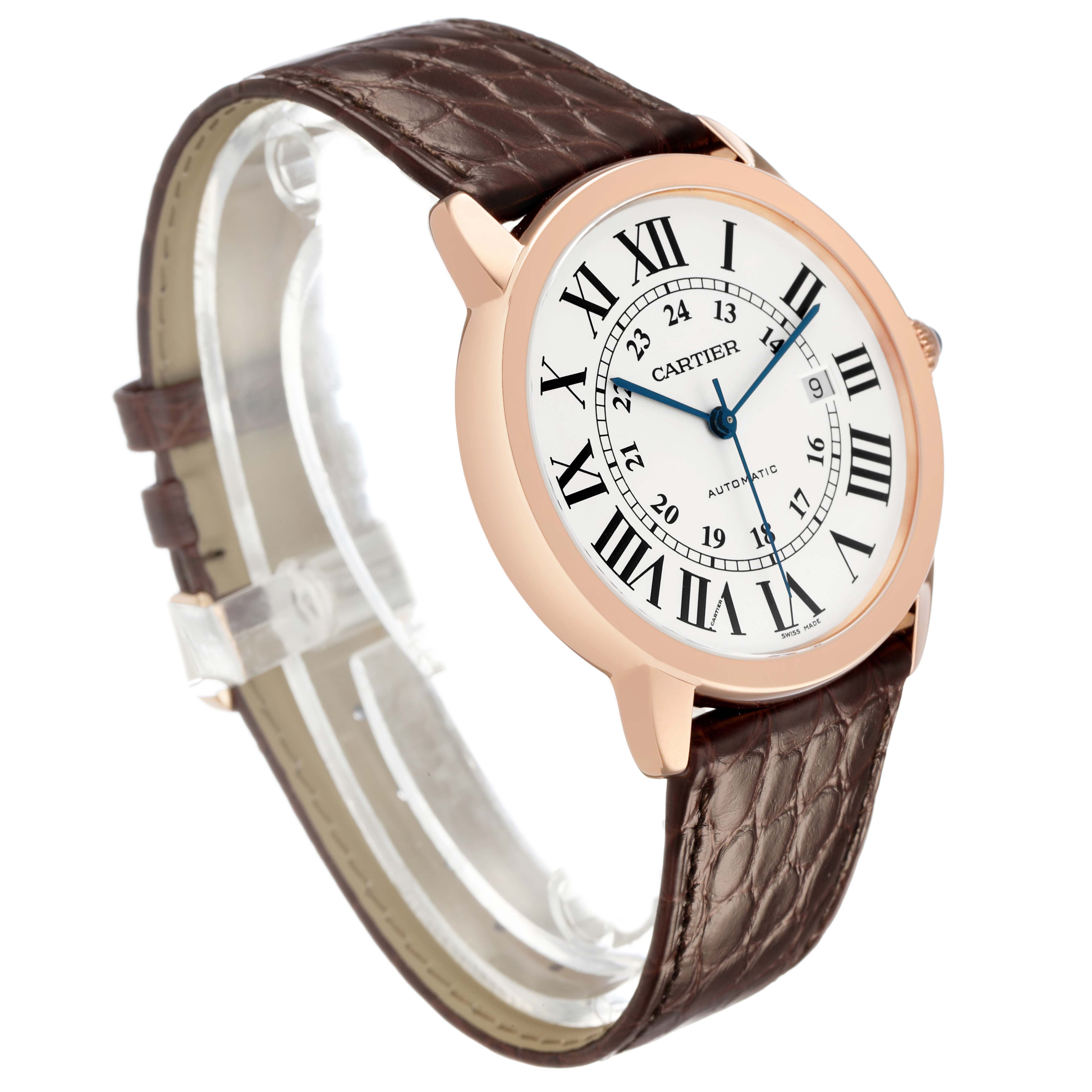 The Cartier Ronde W6701009 Men's Rose Gold Silver Dial watch is shown at a slight angle, revealing the face, case, and brown leather strap.