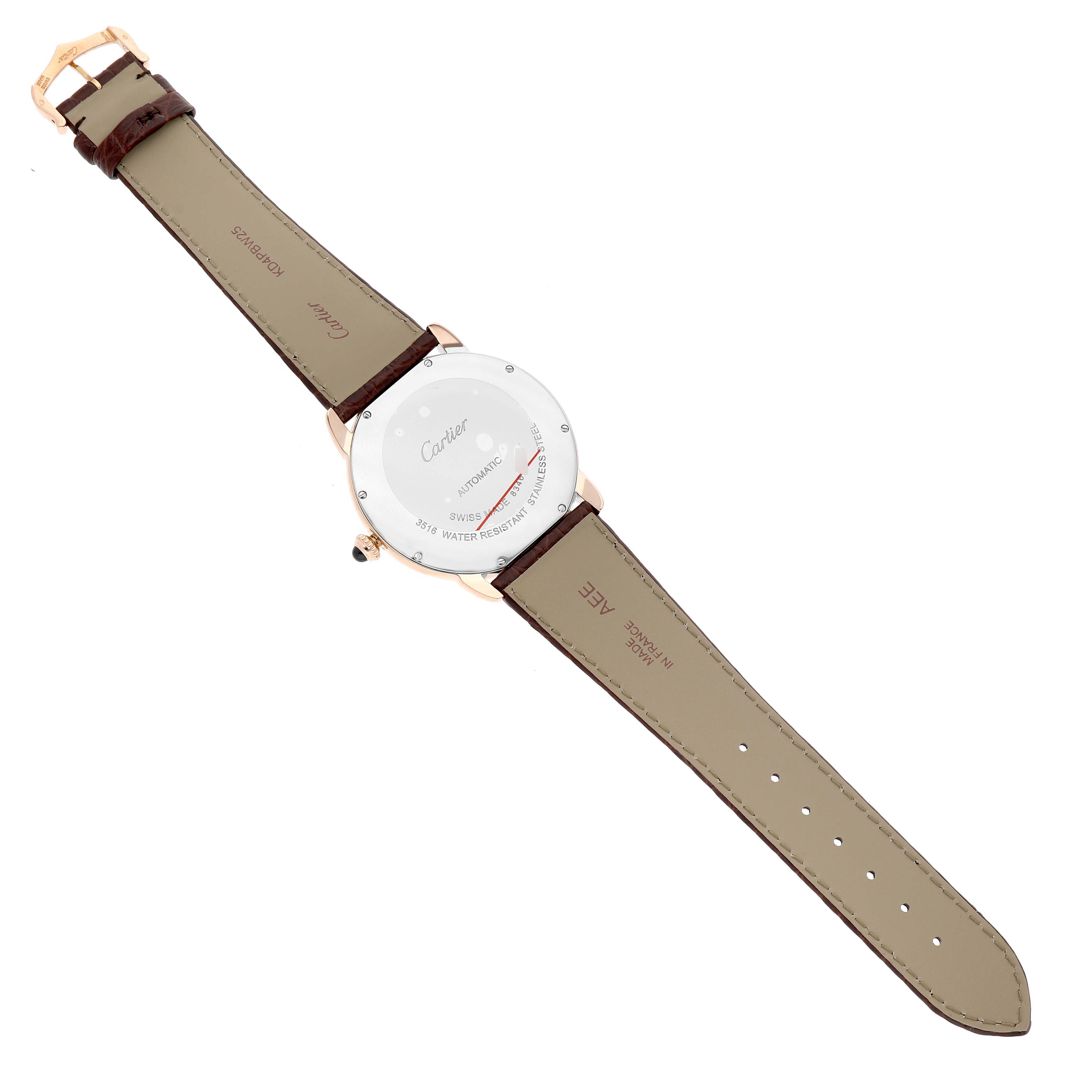 The Cartier Ronde W6701009 Men's Rose Gold Silver Dial watch is shown from the back, displaying the strap and case back with engraved details.