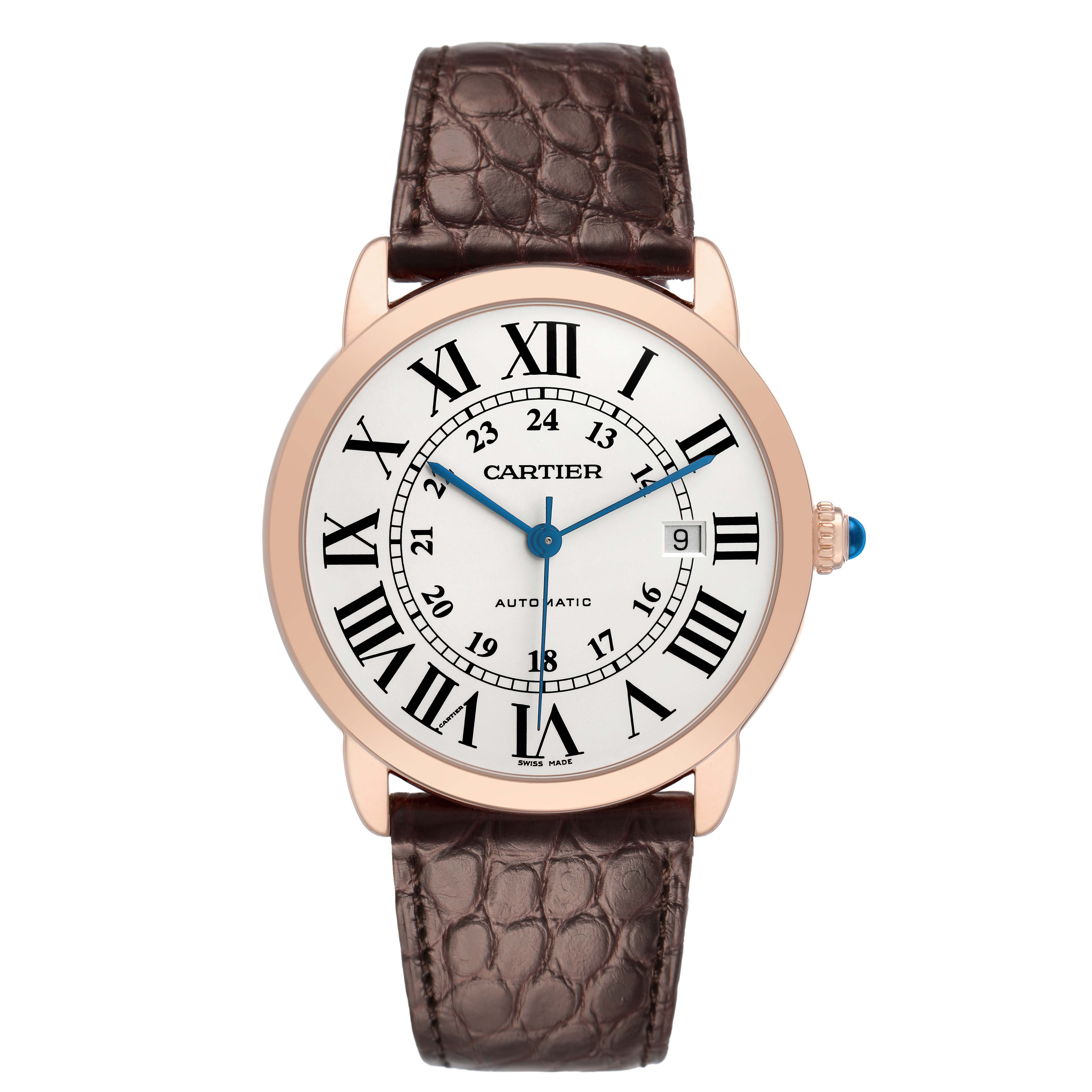 The Cartier Ronde W6701009 Men's Rose Gold Silver Dial watch is shown from a front angle, featuring a round face with Roman numerals and a brown leather strap.
