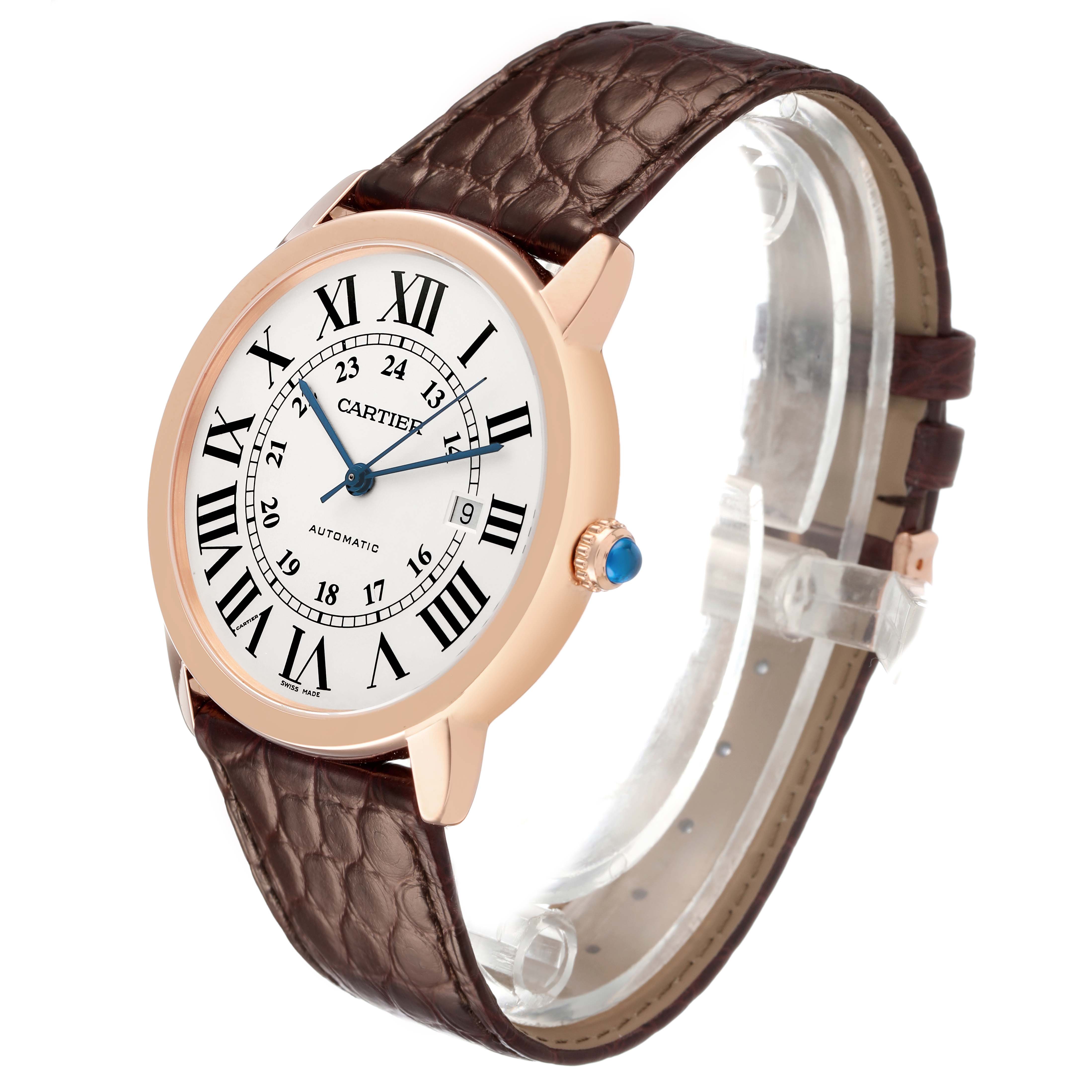 The Cartier Ronde W6701009 Men's Rose Gold Silver Dial watch is shown from a side angle highlighting the leather strap, crown, and Roman numeral dial.