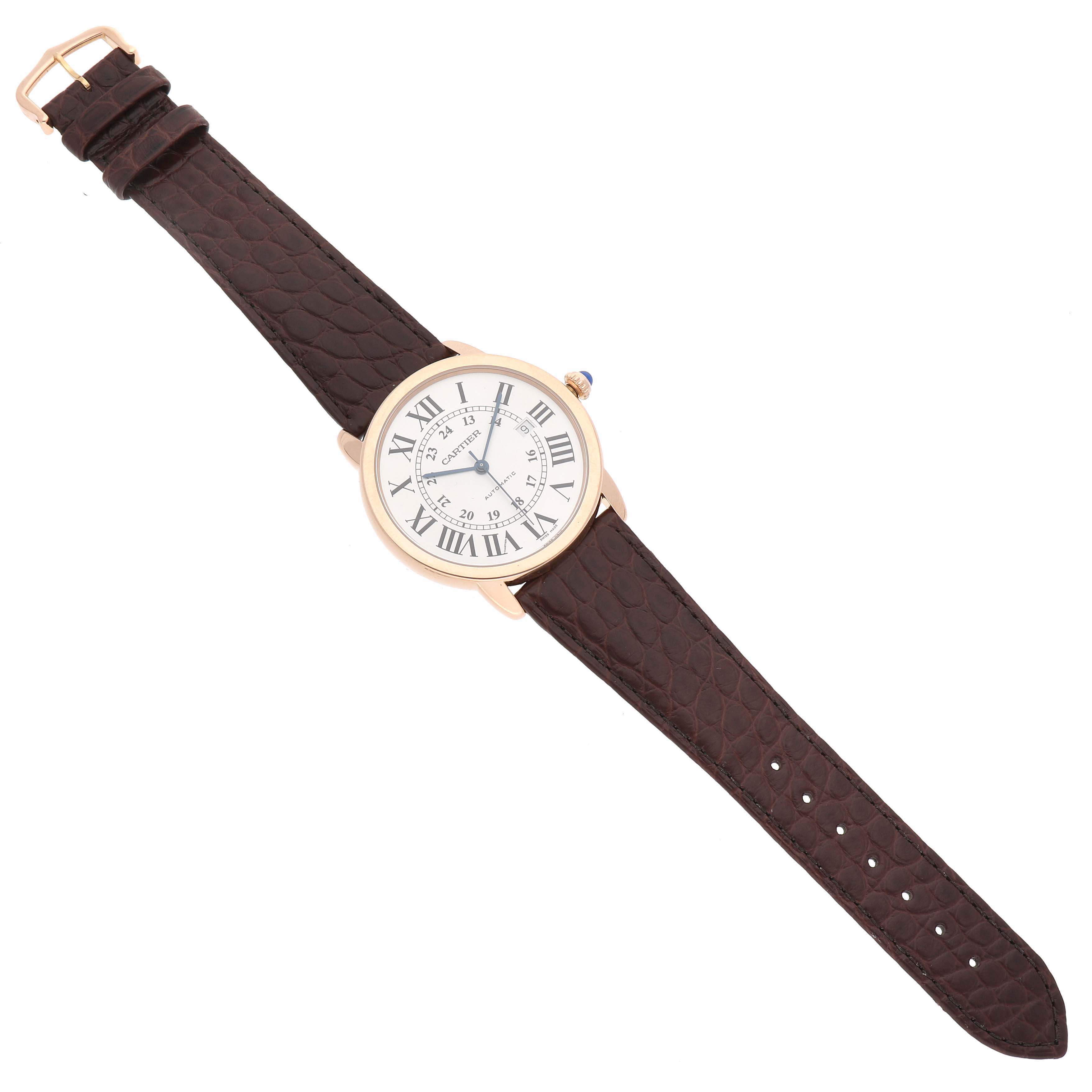 The Cartier Ronde W6701009 Men's Rose Gold Silver Dial watch is shown from a top view, displaying the round face, Roman numerals, and brown leather strap.