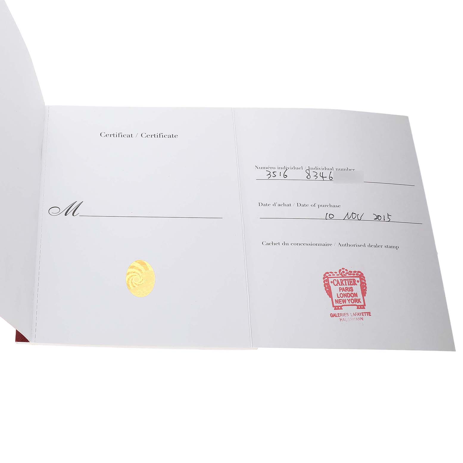 The image shows the warranty certificate for a Cartier Ronde W6701009 Men's Rose Gold Silver Dial model, displaying purchase details and dealer stamp.