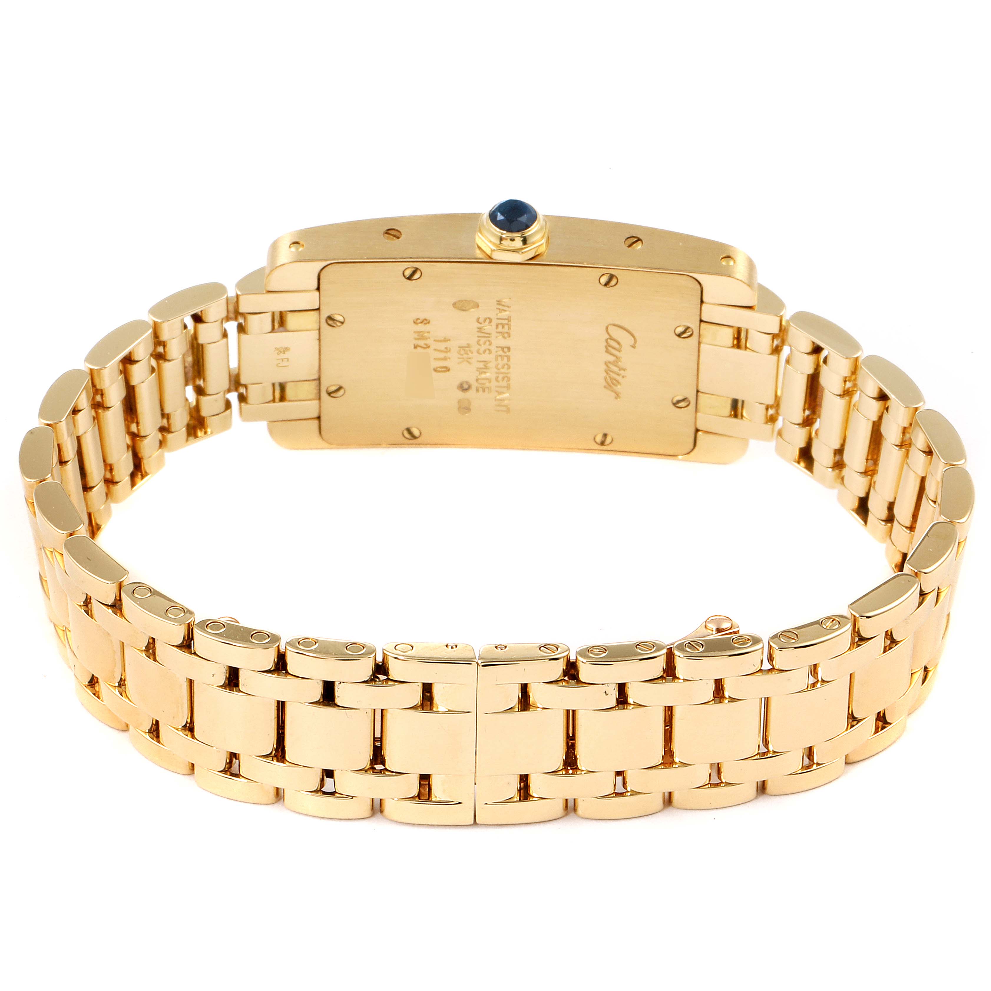 This image shows the back view of the Cartier Tank Americaine W26015K2 Women's Yellow Gold Silver Dial W26015K2 Women's Yellow Gold Silver Dial watch, highlighting the bracelet and case back.