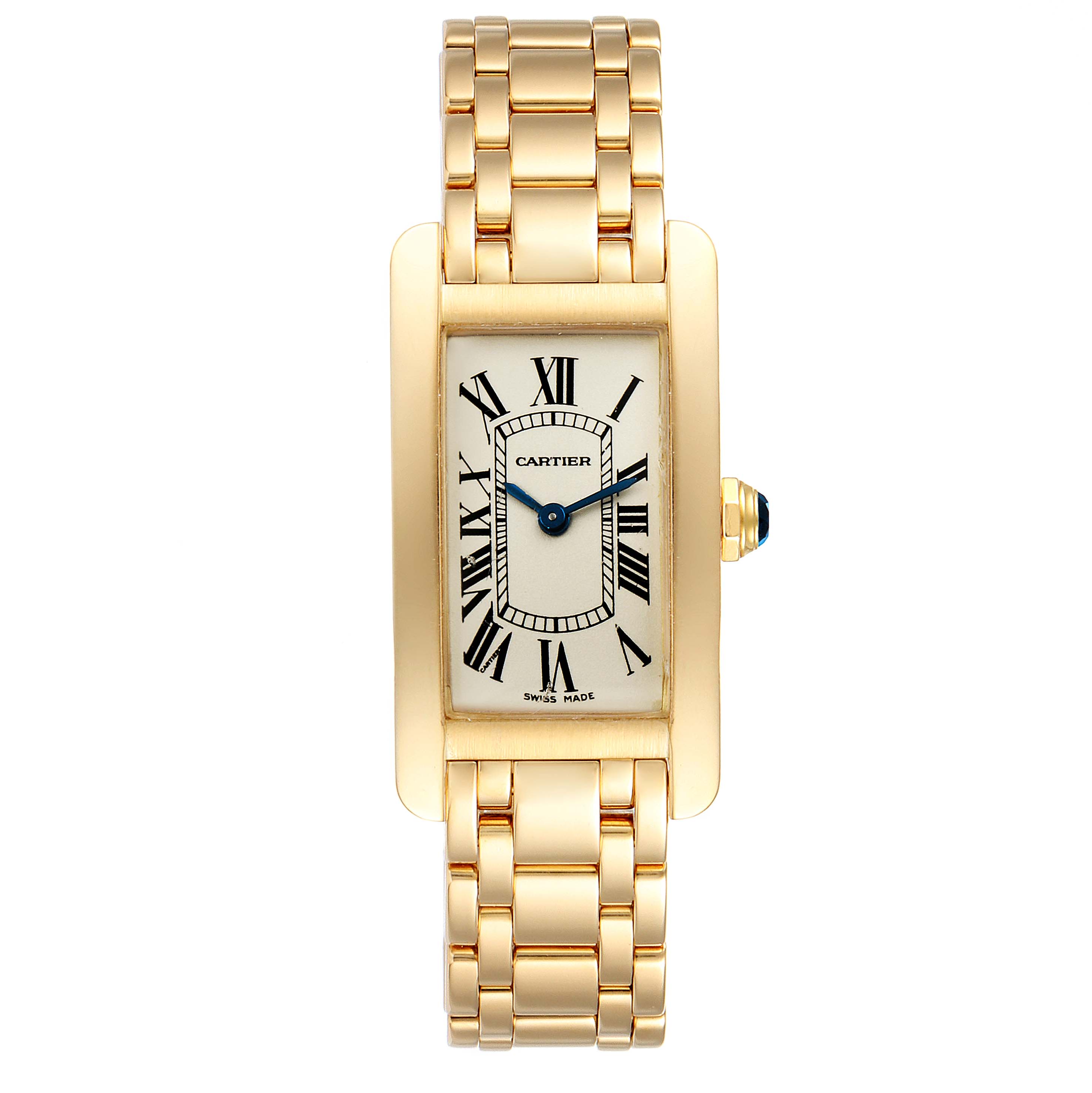The image shows a front view of the Cartier Tank Americaine W26015K2 Women's Yellow Gold Silver Dial W26015K2 Women's Yellow Gold Silver Dial watch, highlighting its rectangular face and gold bracelet.