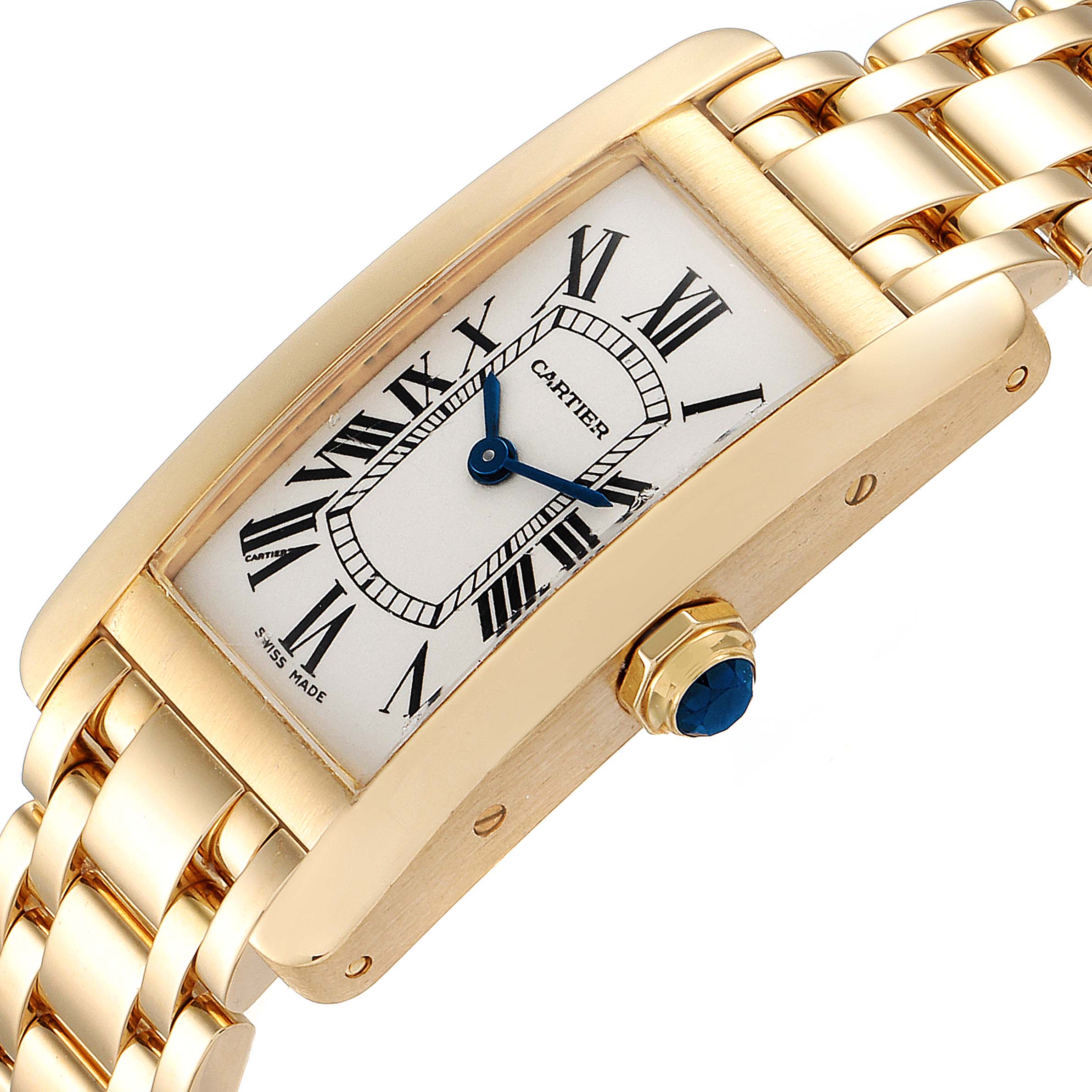 The image shows a Cartier Tank Americaine W26015K2 Women's Yellow Gold Silver Dial W26015K2 Women's Yellow Gold Silver Dial watch at an angle, highlighting its rectangular face, Roman numerals, and gold bracelet.