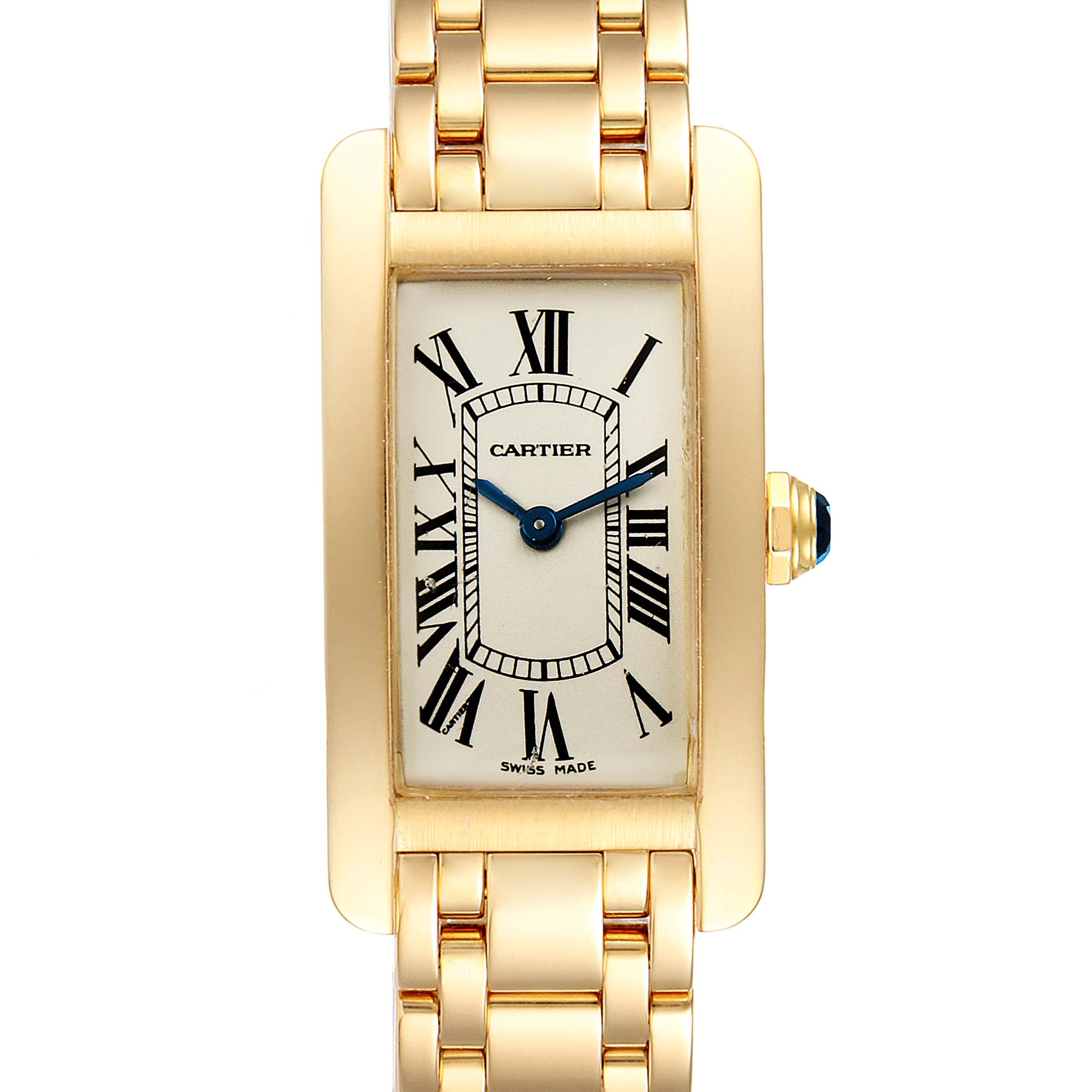 The image shows a front view of the Cartier Tank Américaine watch, highlighting its rectangular face and gold bracelet.