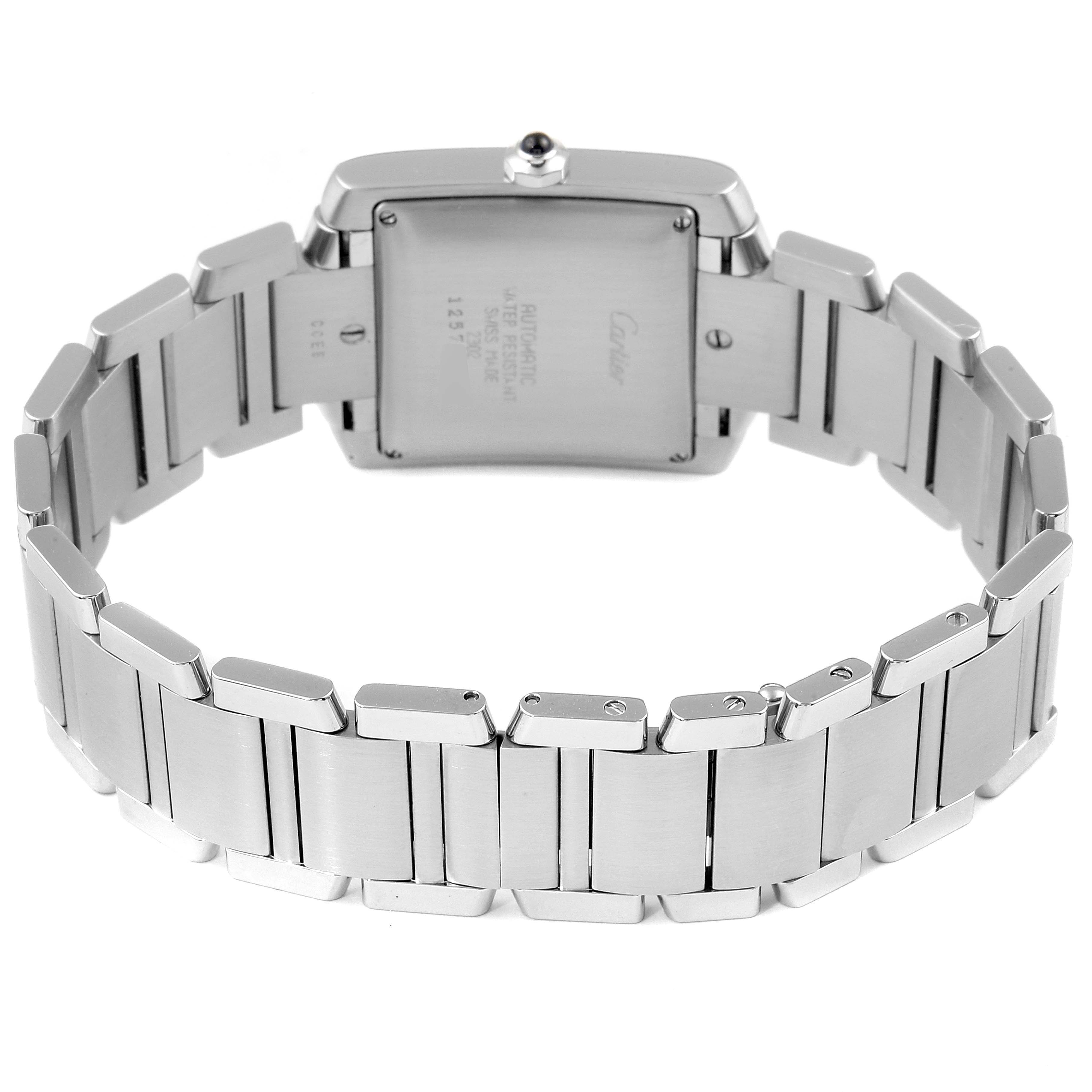 The image shows the back and bracelet of a Cartier Tank Française watch, viewed from behind.