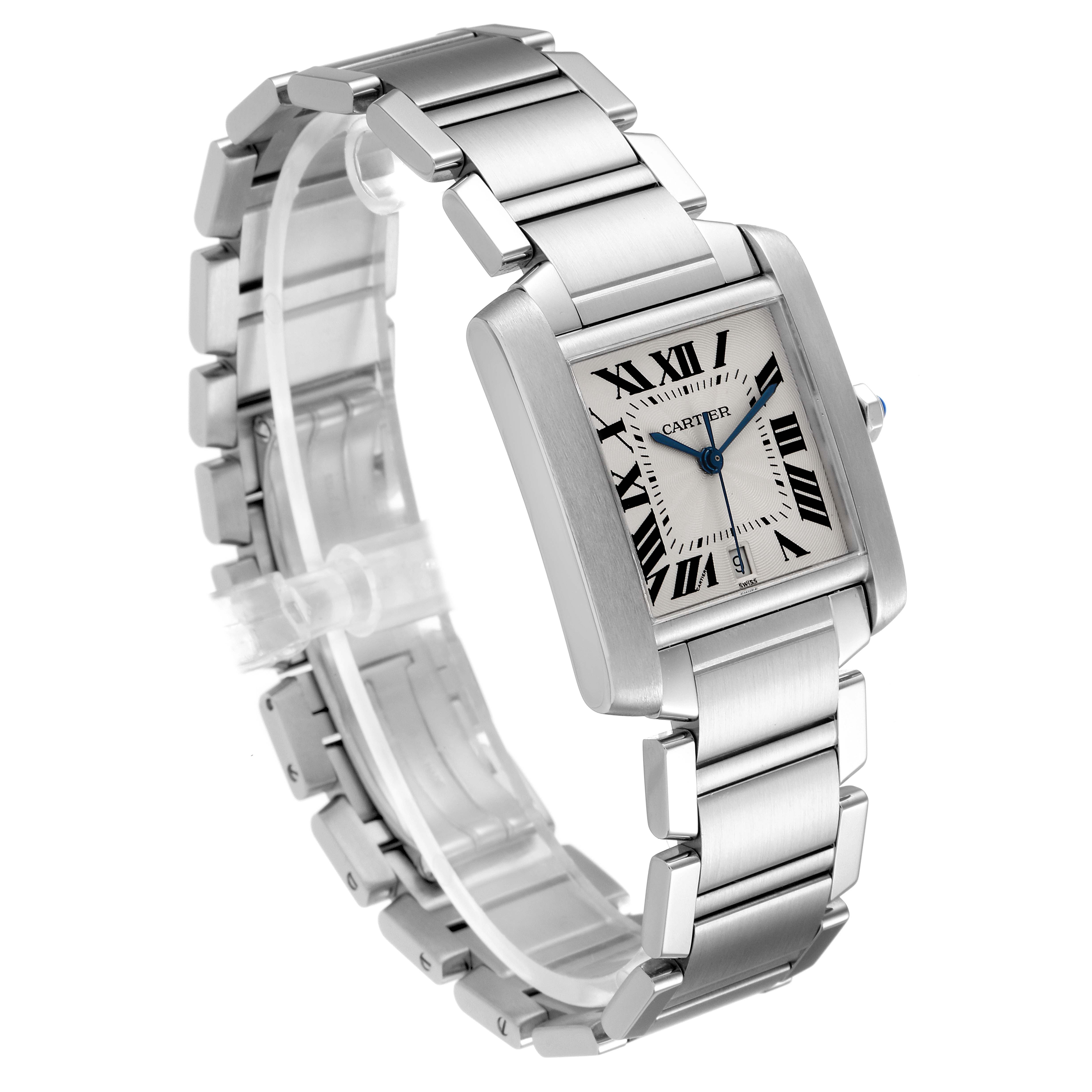 The Cartier Tank Francaise W51002Q3 Men's Stainless Steel Silver Dial W51002Q3 Men's Stainless Steel Silver Dial watch is shown at an oblique angle, displaying the face and part of the metal bracelet.