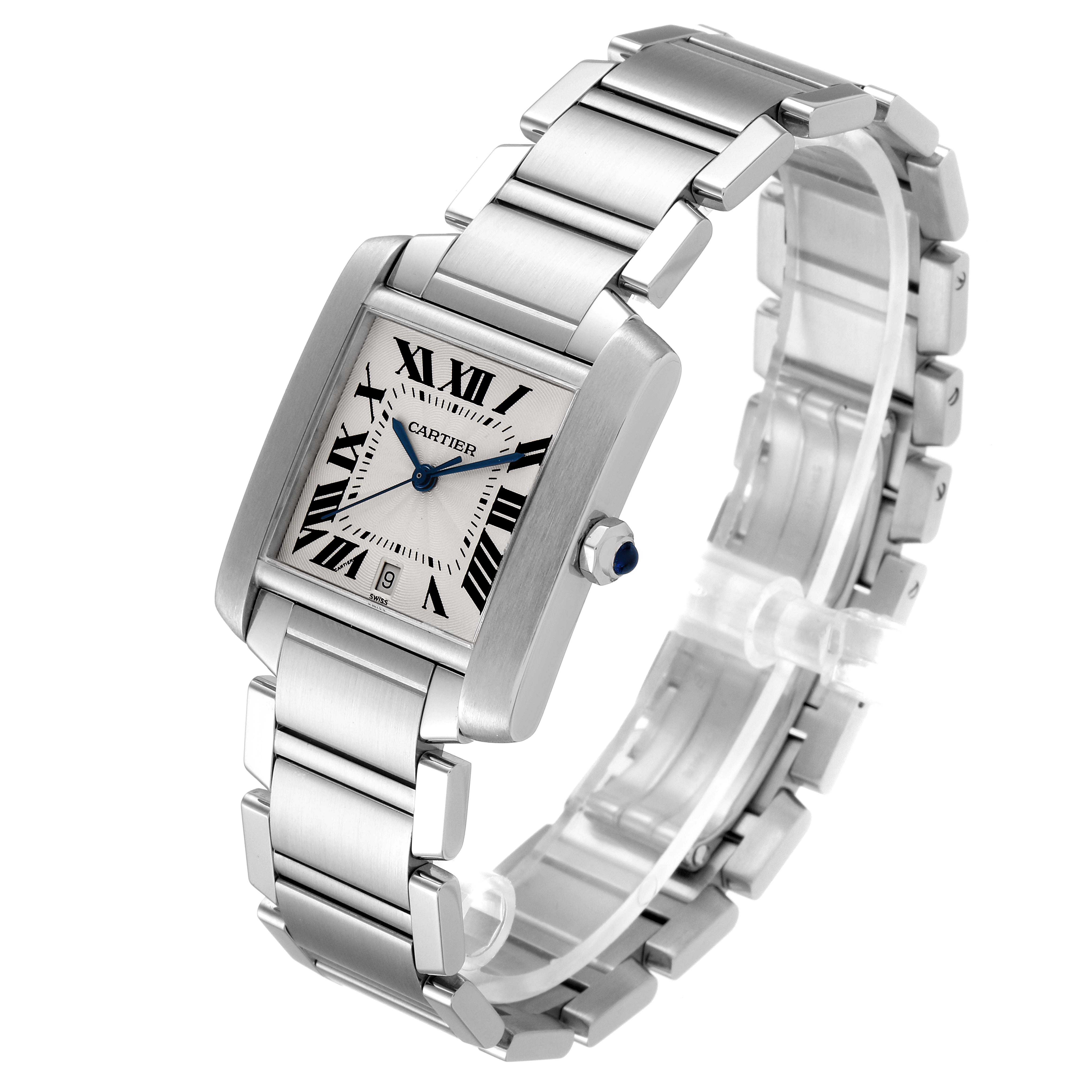 The image shows a Tank Francaise model by Cartier angled to display the watch face, bracelet, and crown.