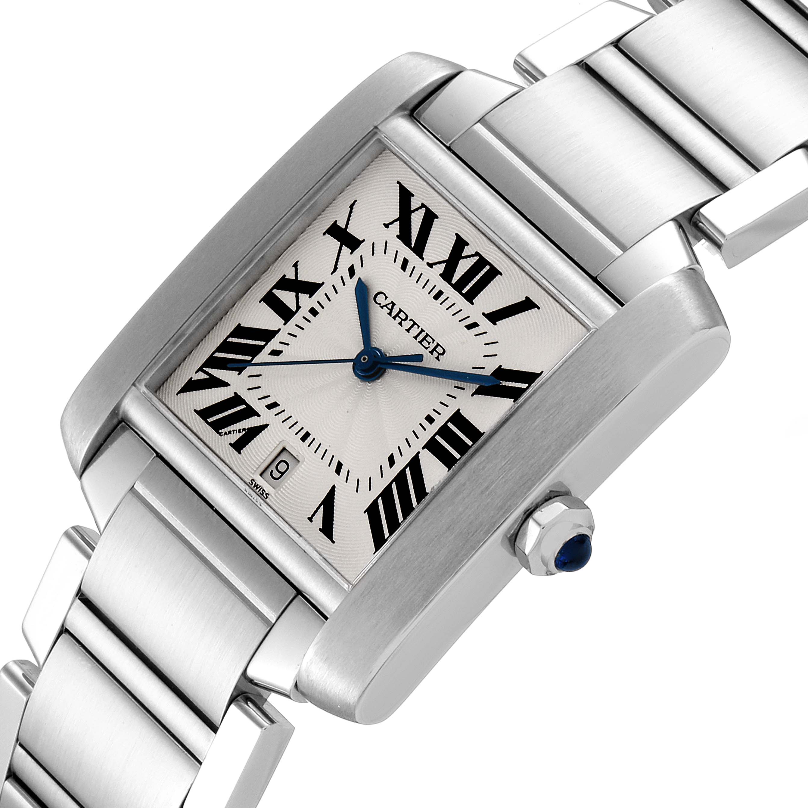 The Cartier Tank Francaise W51002Q3 Men's Stainless Steel Silver Dial W51002Q3 Men's Stainless Steel Silver Dial watch is shown from an angled close-up, highlighting the rectangular face, Roman numerals, and metal bracelet.