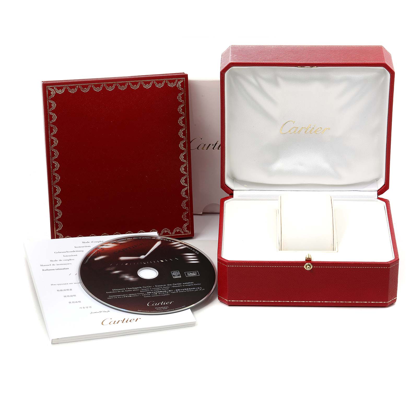 The image shows the Cartier Tank Francaise W51002Q3 Men's Stainless Steel Silver Dial W51002Q3 Men's Stainless Steel Silver Dial watch packaging, unboxing materials including a red box, a manual, and a CD.
