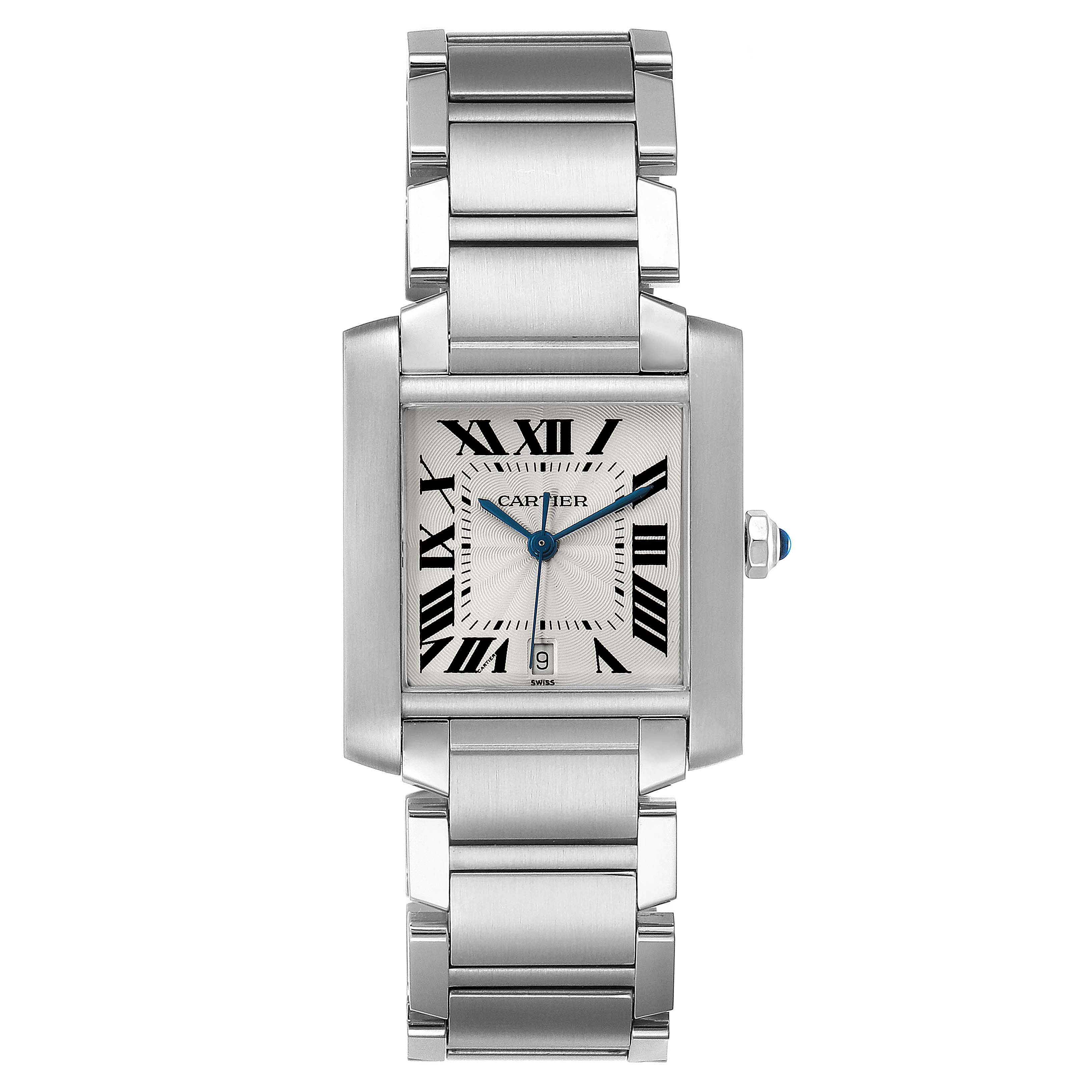 This is a front view of the Cartier Tank Française watch, showcasing its rectangular dial and metal bracelet.