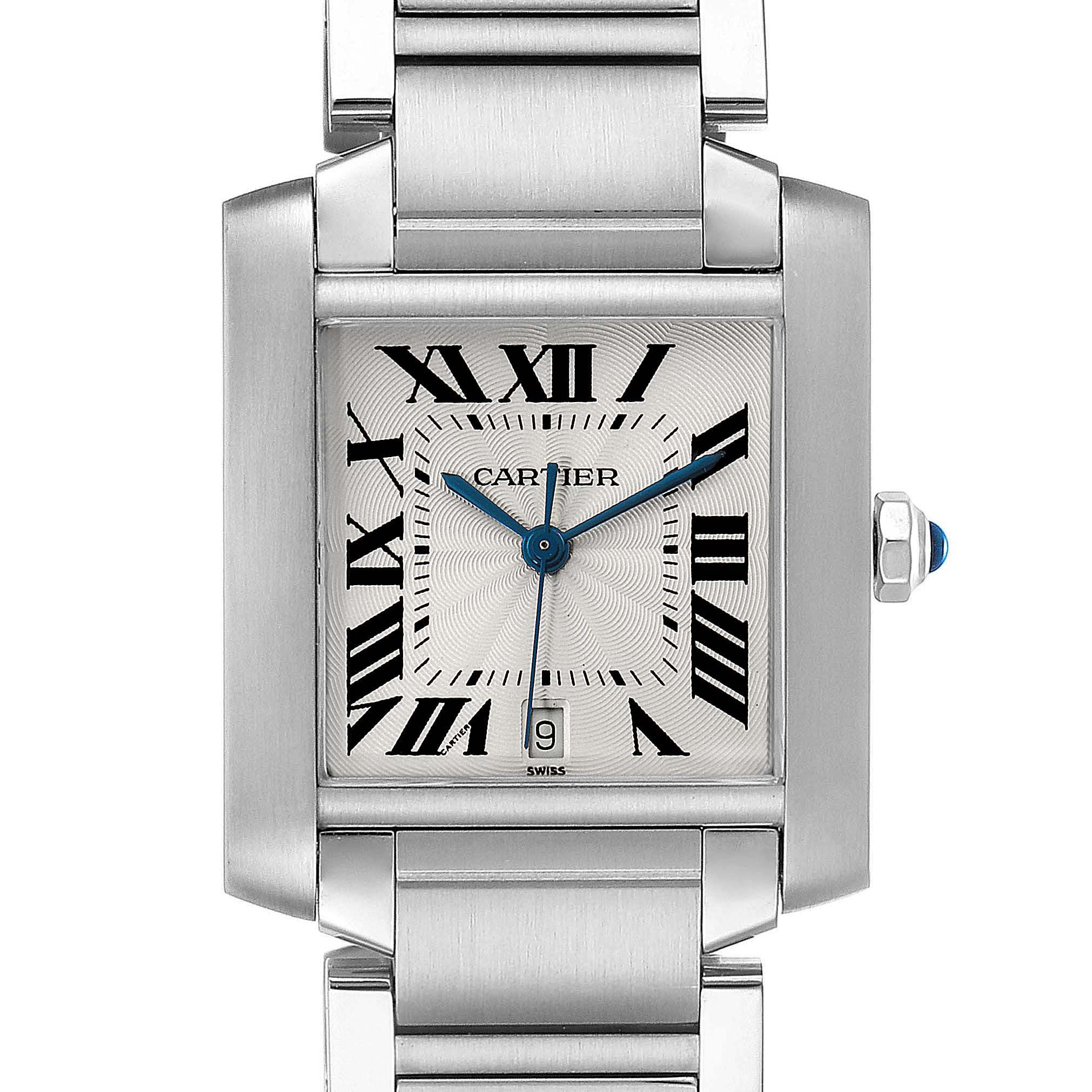 This image shows a front view of the Cartier Tank Française watch, highlighting the face, case, and part of the bracelet.