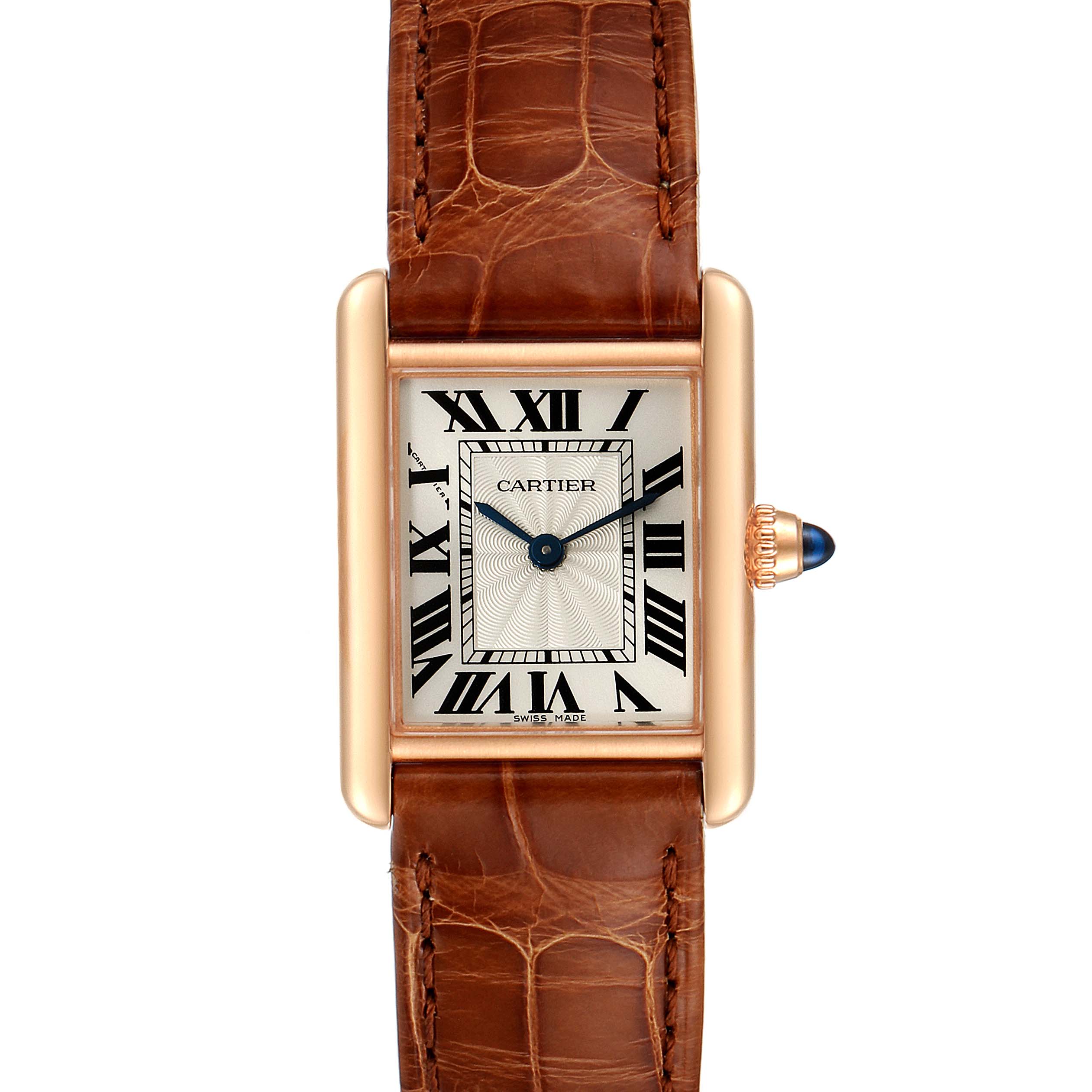 The image shows a front view of the Cartier Tank Louis WGTA0010  Women's Rose Gold Silver Dial WGTA0010  Women's Rose Gold Silver Dial watch, displaying its rectangular dial, Roman numerals, and brown leather strap.