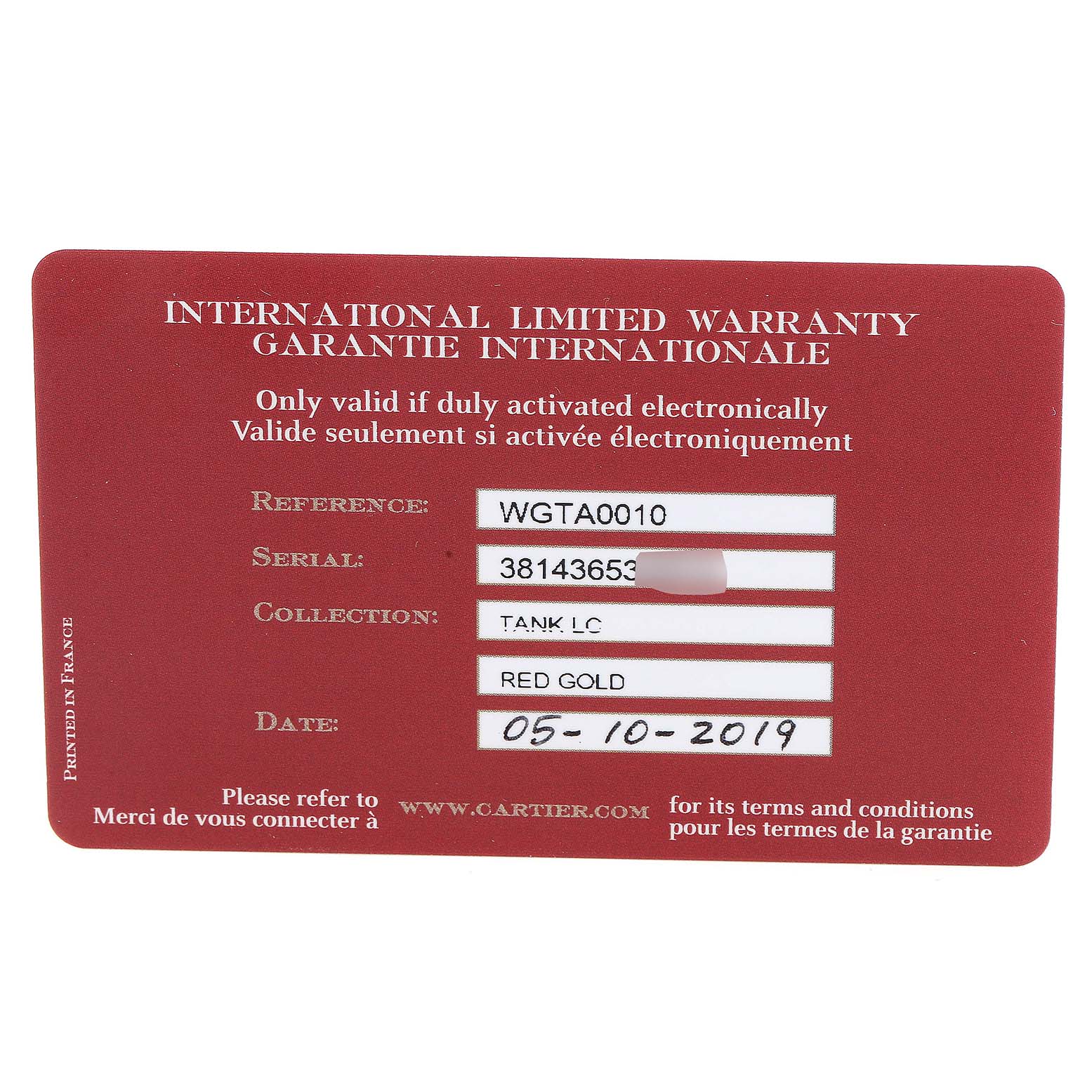 The image shows the international limited warranty card for the Cartier Tank Louis WGTA0010  Women's Rose Gold Silver Dial WGTA0010  Women's Rose Gold Silver Dial model watch.