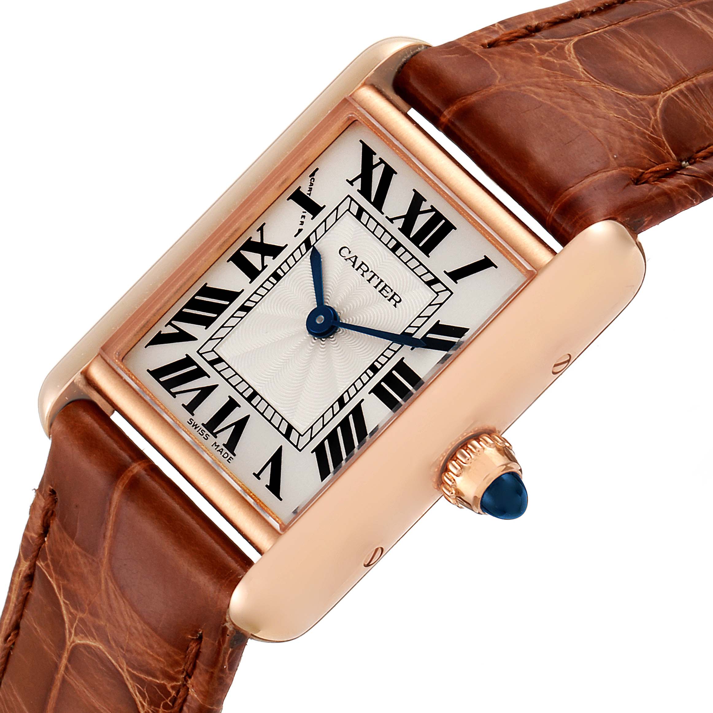 The image shows a Cartier Tank Louis WGTA0010  Women's Rose Gold Silver Dial WGTA0010  Women's Rose Gold Silver Dial watch at an angled close-up, highlighting its face, crown, and part of the leather strap.