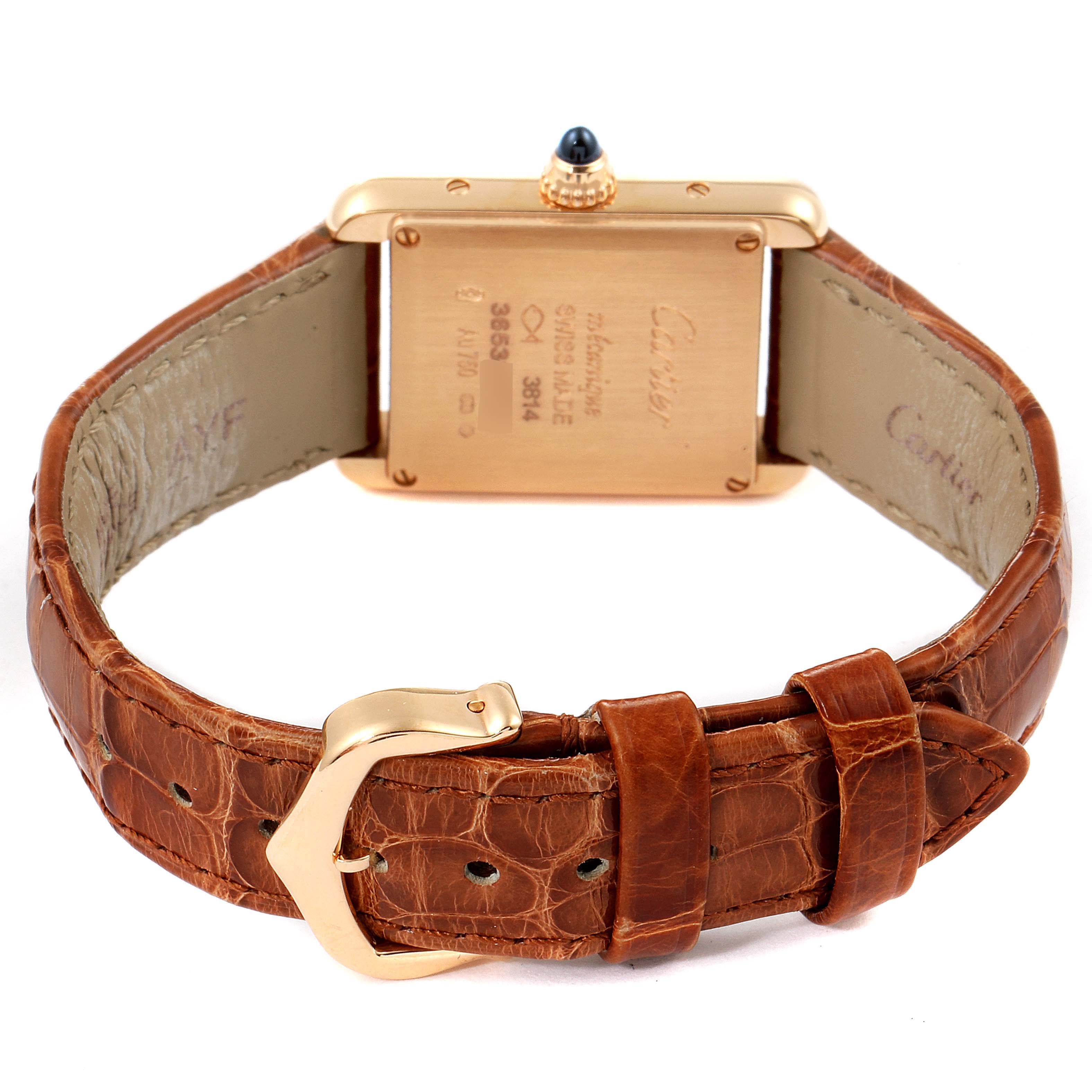 The image shows the back view of the Cartier Tank Louis WGTA0010  Women's Rose Gold Silver Dial WGTA0010  Women's Rose Gold Silver Dial watch, highlighting its leather strap and clasp.