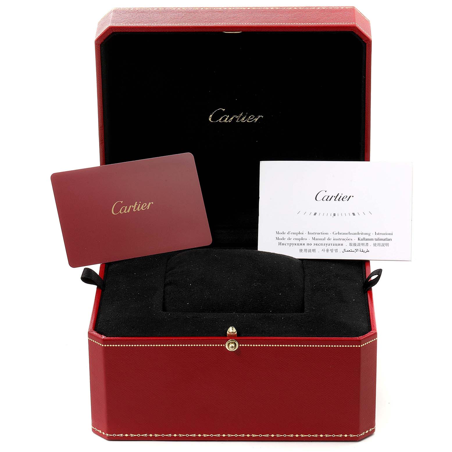 The image shows a red Cartier Tank Louis WGTA0010  Women's Rose Gold Silver Dial WGTA0010  Women's Rose Gold Silver Dial watch box and accompanying cards.