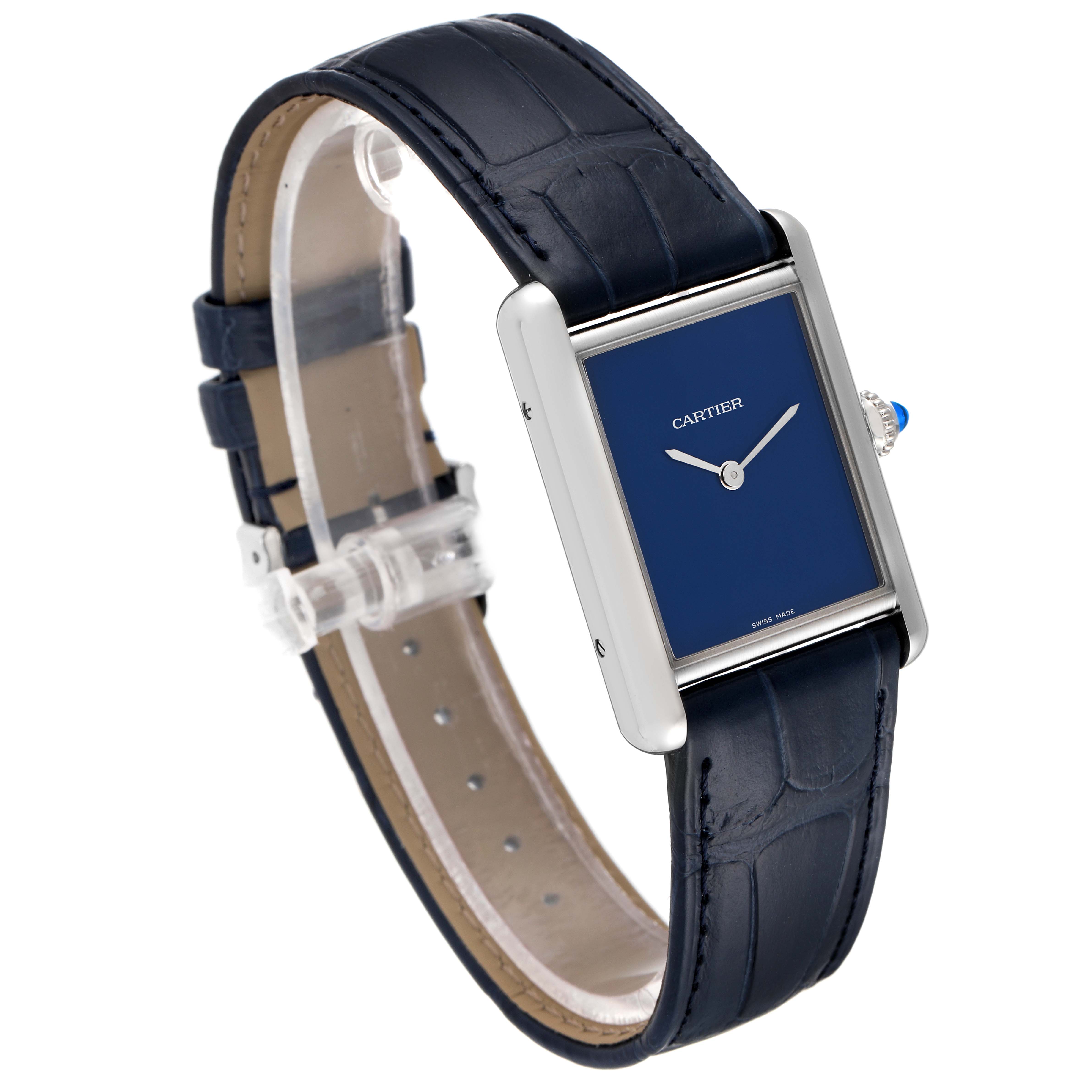 The Cartier Tank Must WSTA0055 Women's Stainless Steel Blue Dial WSTA0055 Women's Stainless Steel Blue Dial watch is shown at a three-quarter angle, highlighting its blue dial, silver rectangular case, and blue leather strap.