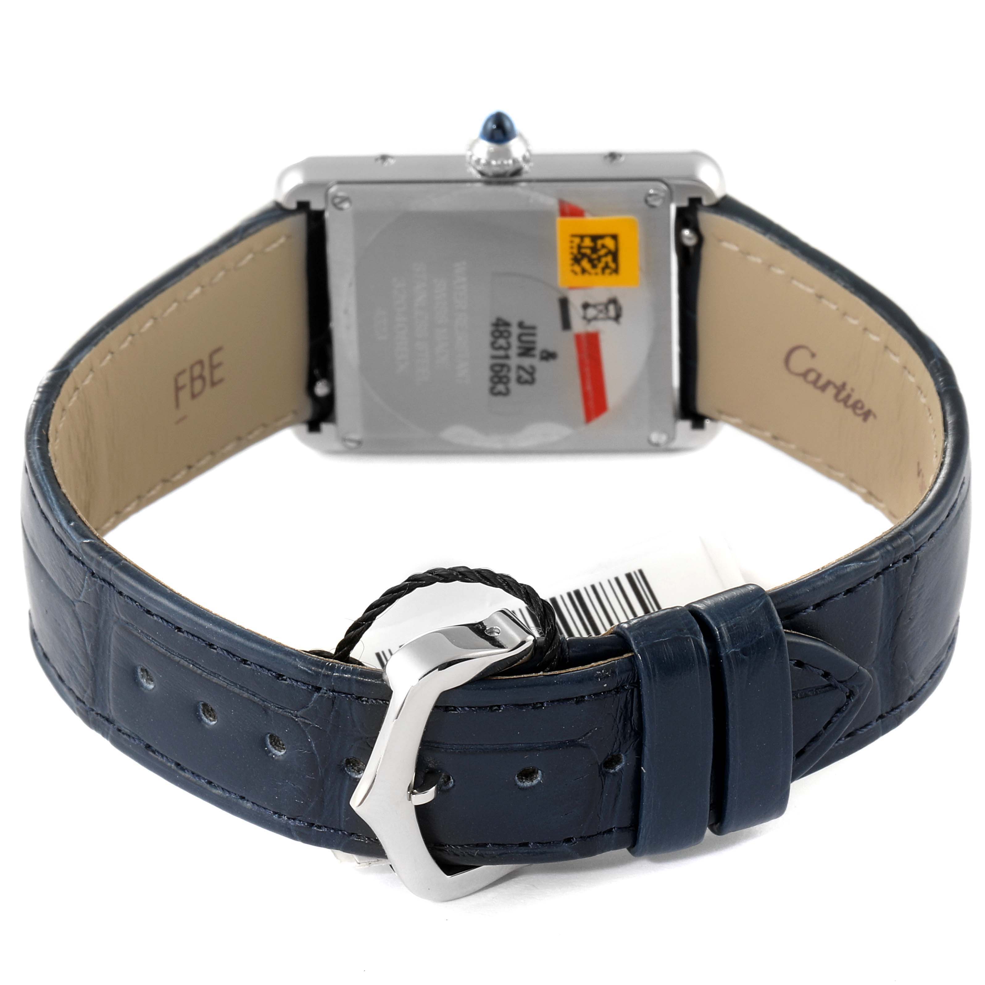 The image shows the rear view of the Cartier Tank Must WSTA0055 Women's Stainless Steel Blue Dial WSTA0055 Women's Stainless Steel Blue Dial watch, including its strap, buckle, and case back.