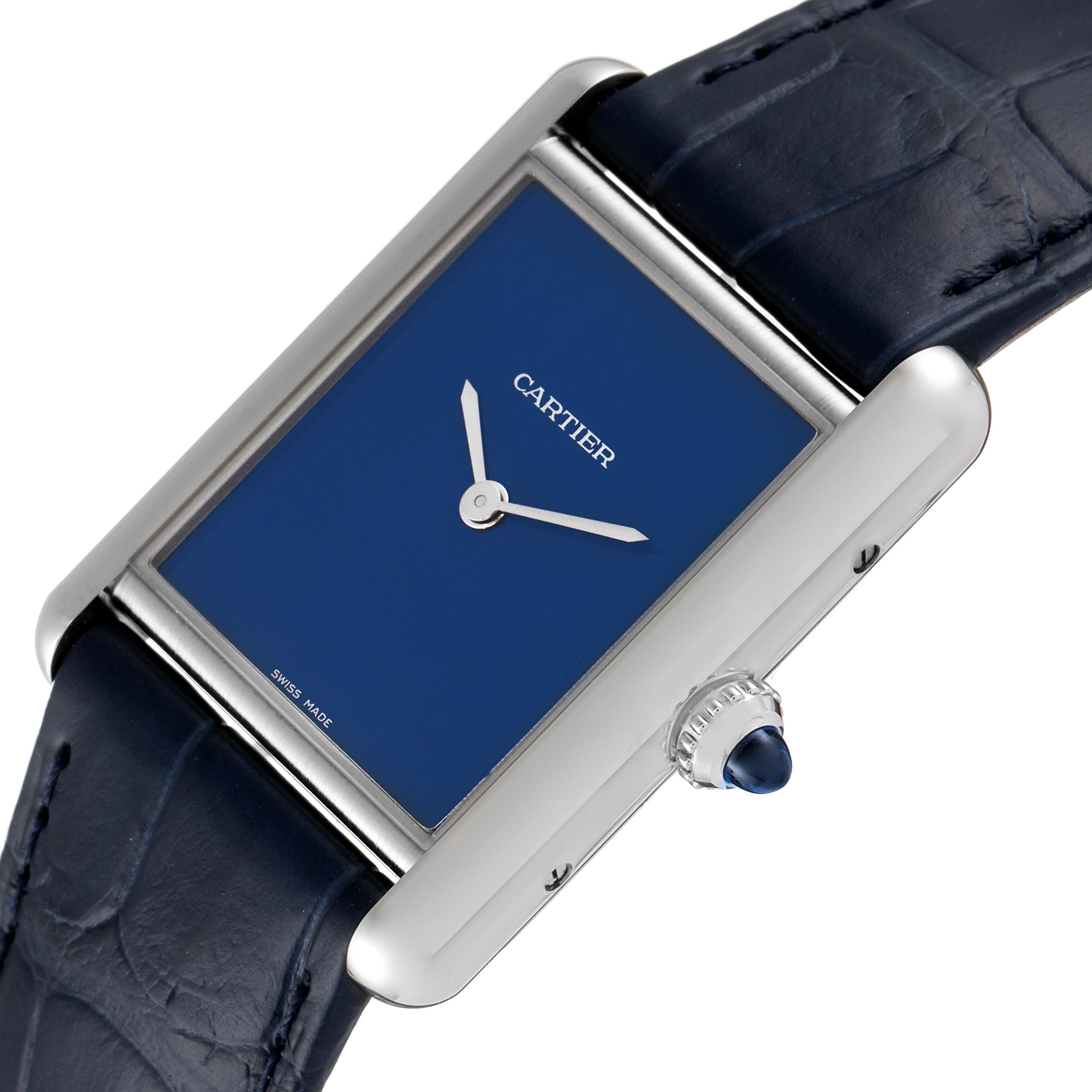 The image shows a close-up angled view of the Cartier Tank Must WSTA0055 Women's Stainless Steel Blue Dial WSTA0055 Women's Stainless Steel Blue Dial watch, highlighting the dial, crown, and leather strap.