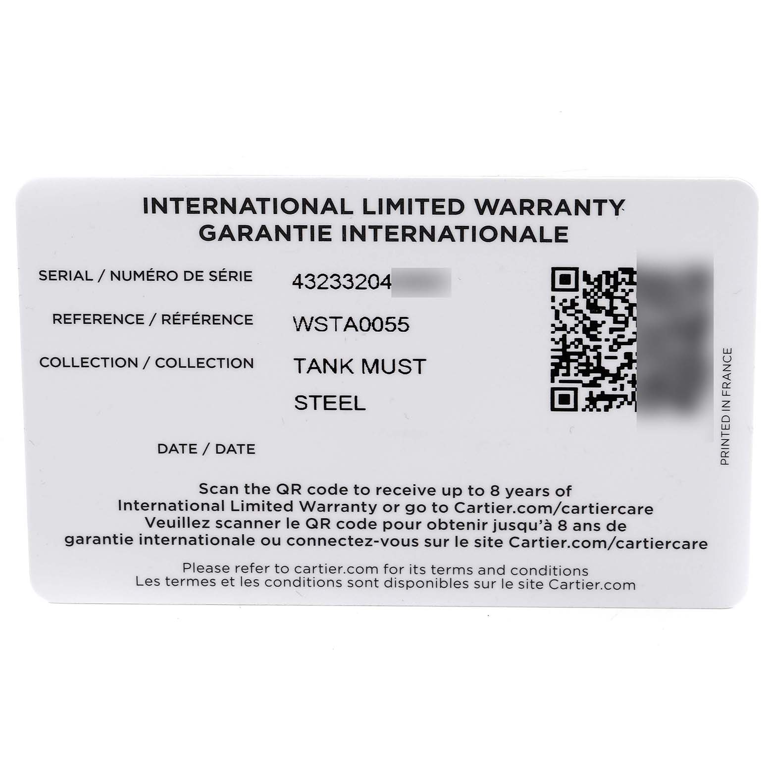 The image shows an international limited warranty card for the Cartier Tank Must WSTA0055 Women's Stainless Steel Blue Dial WSTA0055 Women's Stainless Steel Blue Dial model.