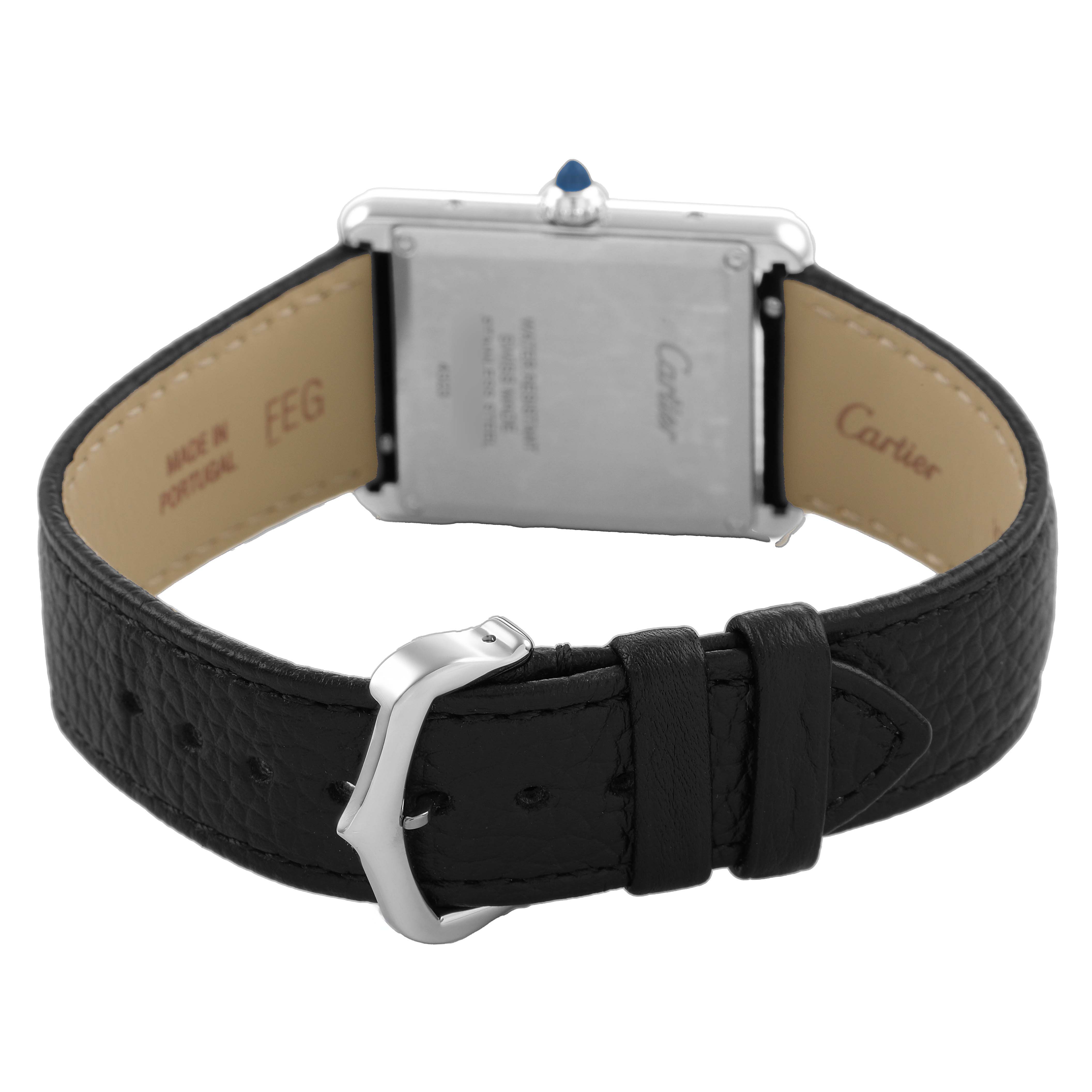 The Tank Must by Cartier is shown from the back, displaying the case back, leather strap, and buckle.