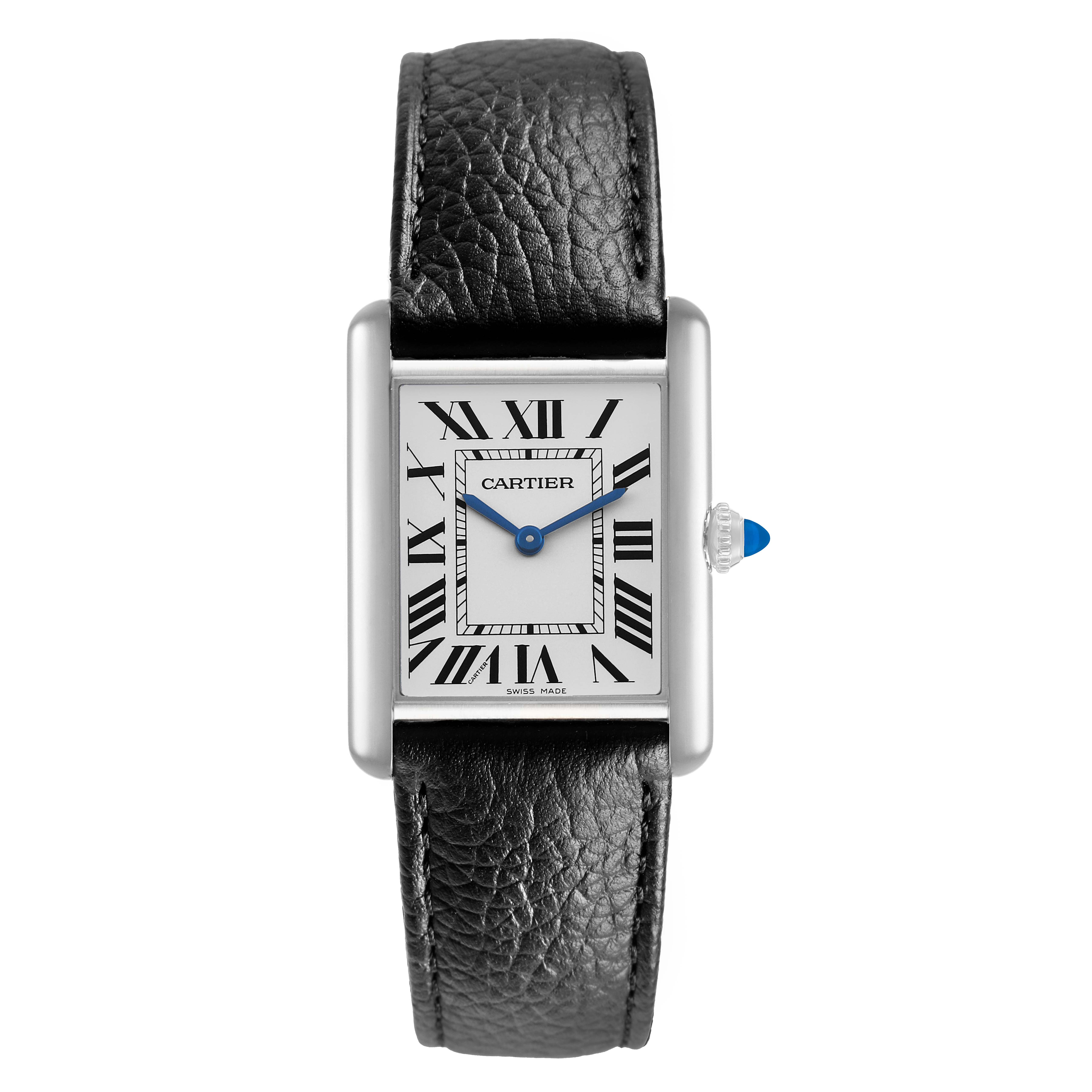 The Cartier Tank Must WSTA0109 Men's Stainless Steel Silver Dial watch is shown from a top view, highlighting the rectangular face, Roman numerals, blue hands, and leather strap.