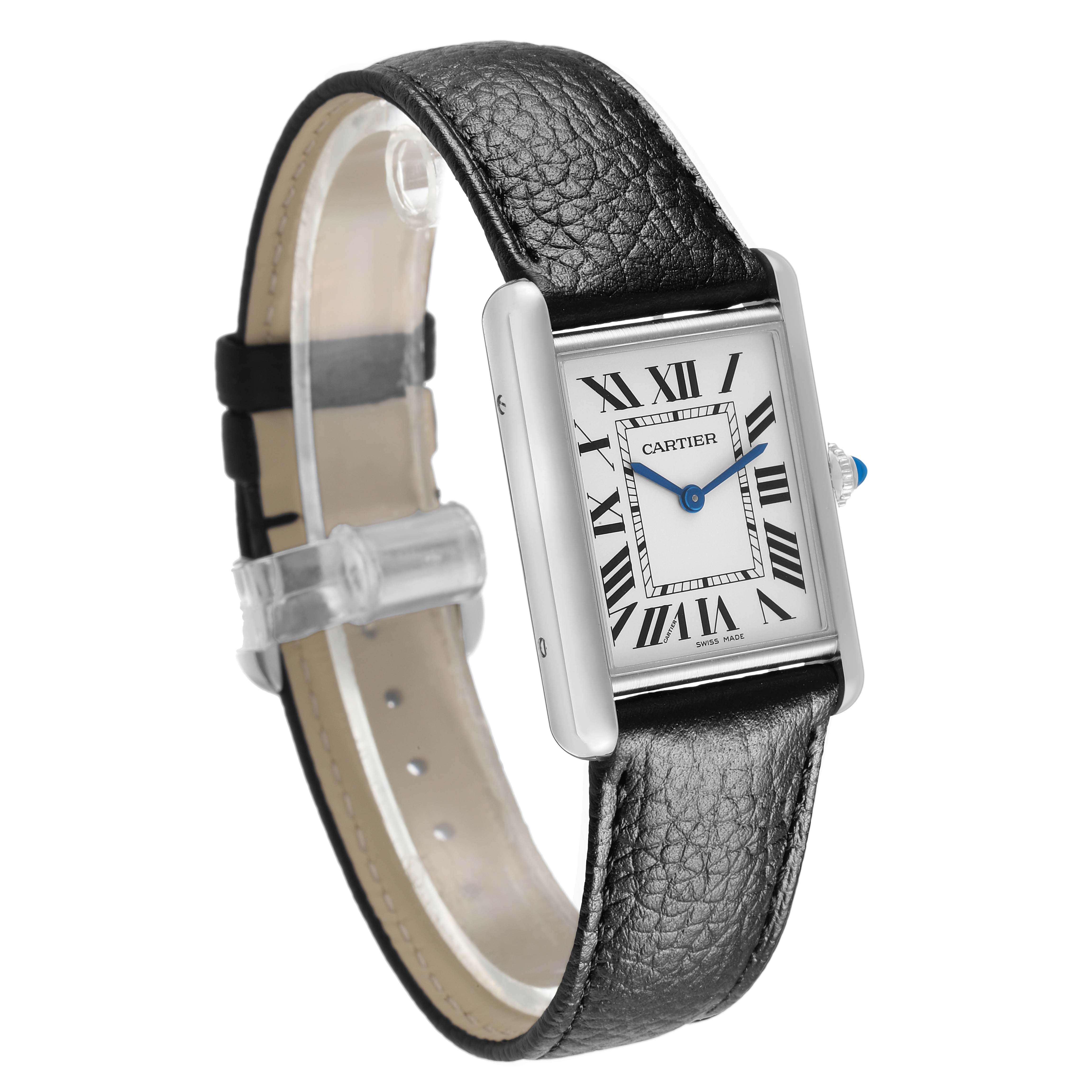 The Cartier Tank Must WSTA0109 Men's Stainless Steel Silver Dial watch is shown at a three-quarter angle, highlighting its rectangular face, leather strap, and Roman numerals.