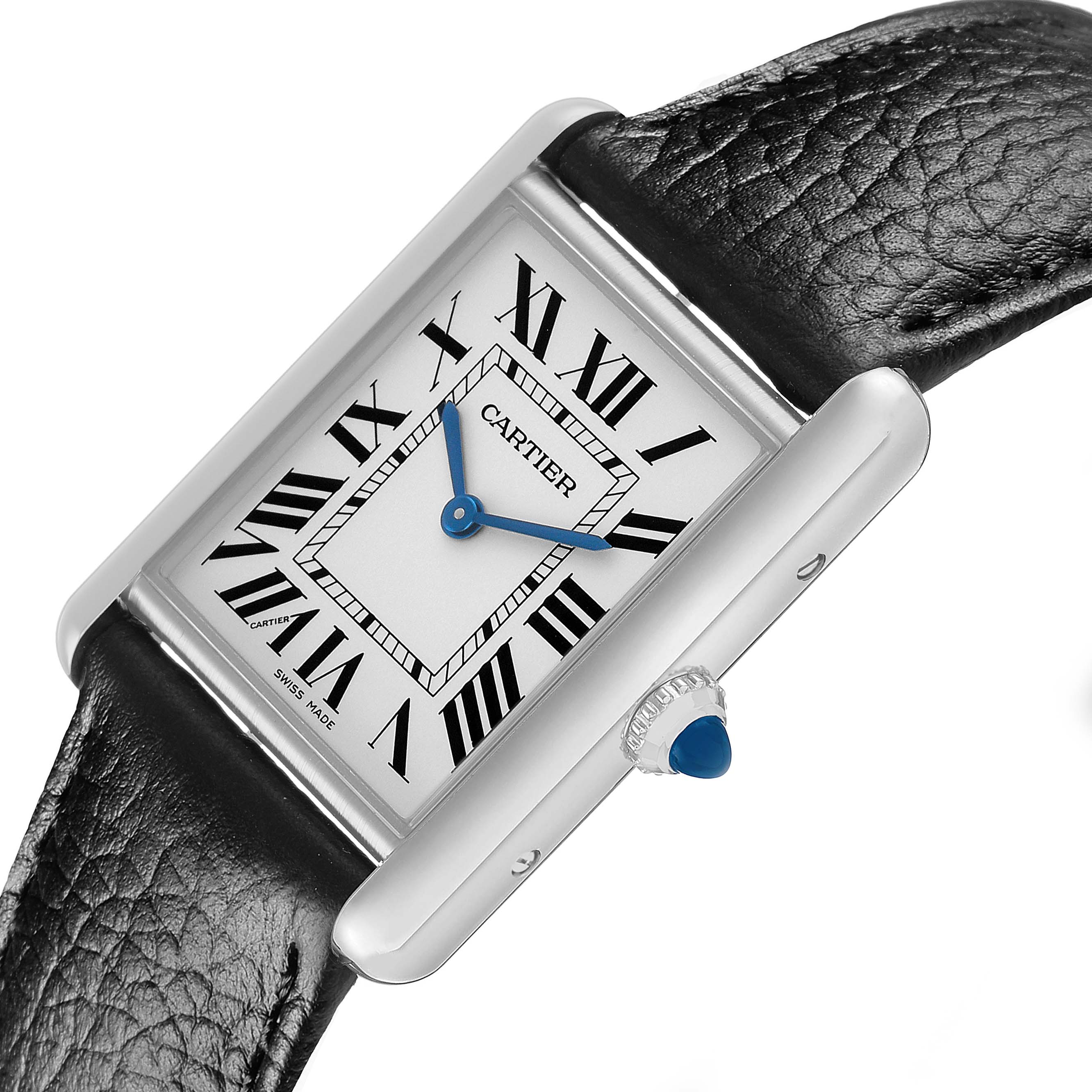 The Cartier Tank Must WSTA0109 Men's Stainless Steel Silver Dial watch is shown at an angled view, highlighting the dial, crown, and black leather strap.