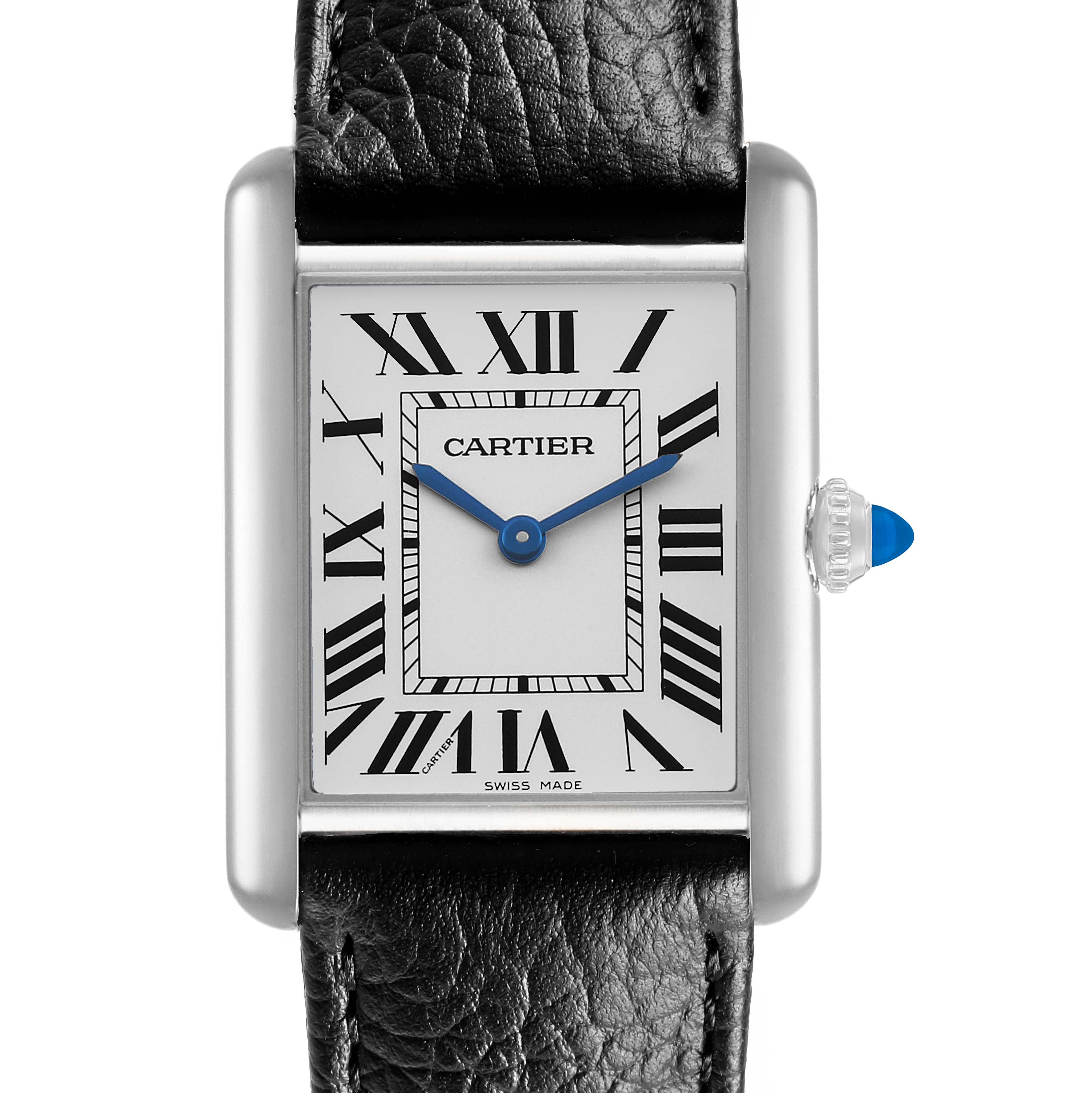 The Cartier Tank Must WSTA0109 Men's Stainless Steel Silver Dial watch is shown front-on, highlighting the rectangular case, Roman numerals, and blue hands.