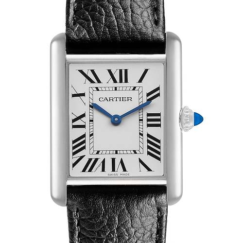The Cartier Tank Must WSTA0109 Men's Stainless Steel Silver Dial watch is shown from the front, highlighting its rectangular case, Roman numerals, blue hands, and crown.
