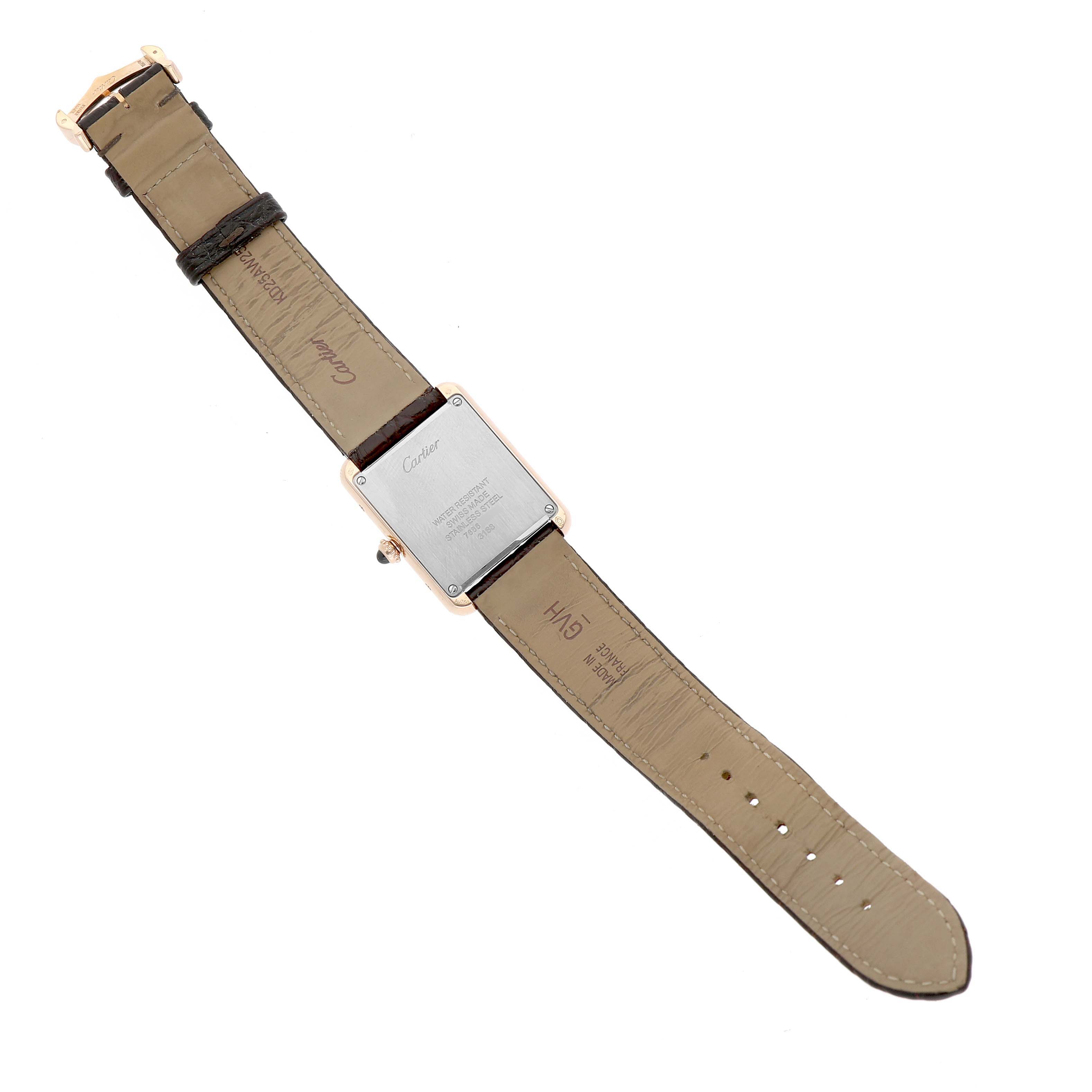 The image shows the back view of the Cartier Tank Solo W5200002 Women's Yellow Gold Silver Dial watch, highlighting the case back and strap.