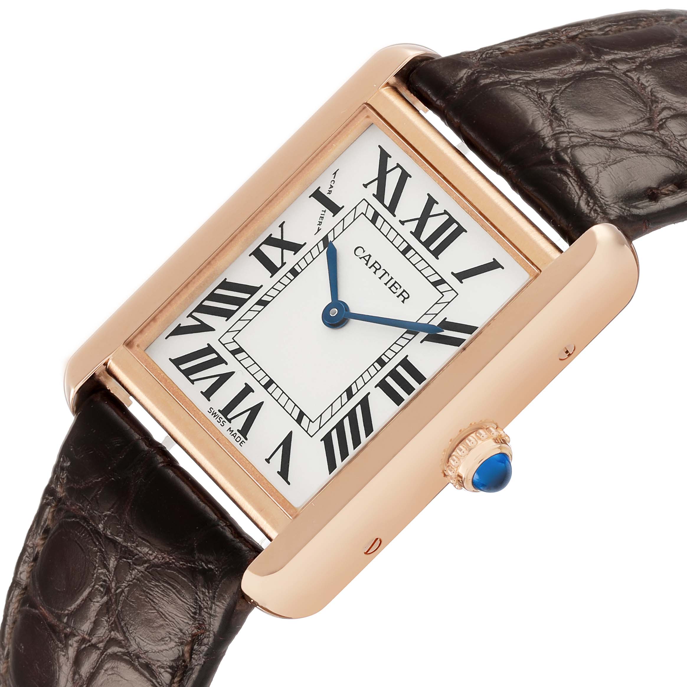 The Cartier Tank Solo W5200002 Women's Yellow Gold Silver Dial watch is shown at an angled view, displaying the face, crown, and part of the strap.