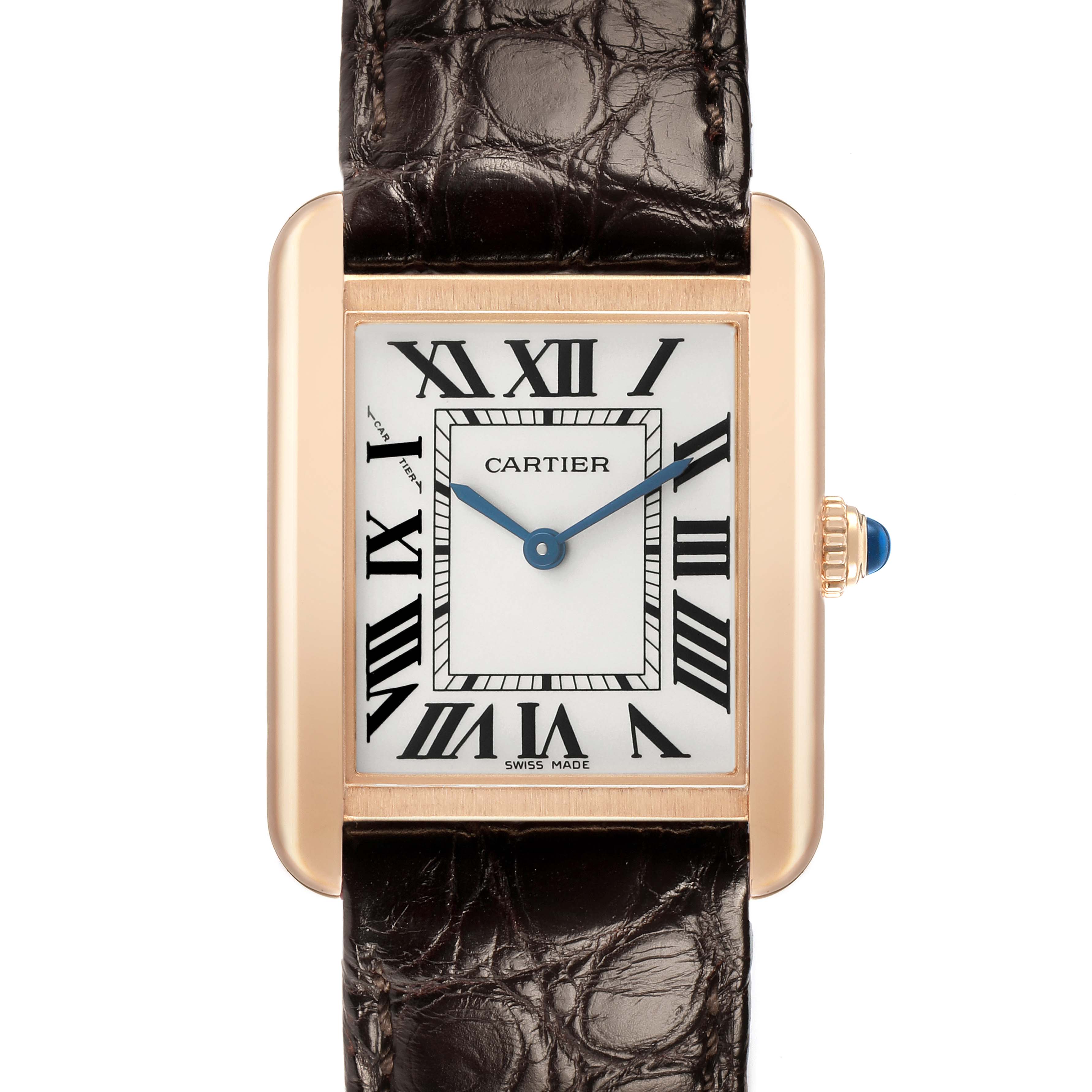 The Cartier Tank Solo W5200002 Women's Yellow Gold Silver Dial watch is shown from the front, displaying its face, Roman numerals, and leather strap.