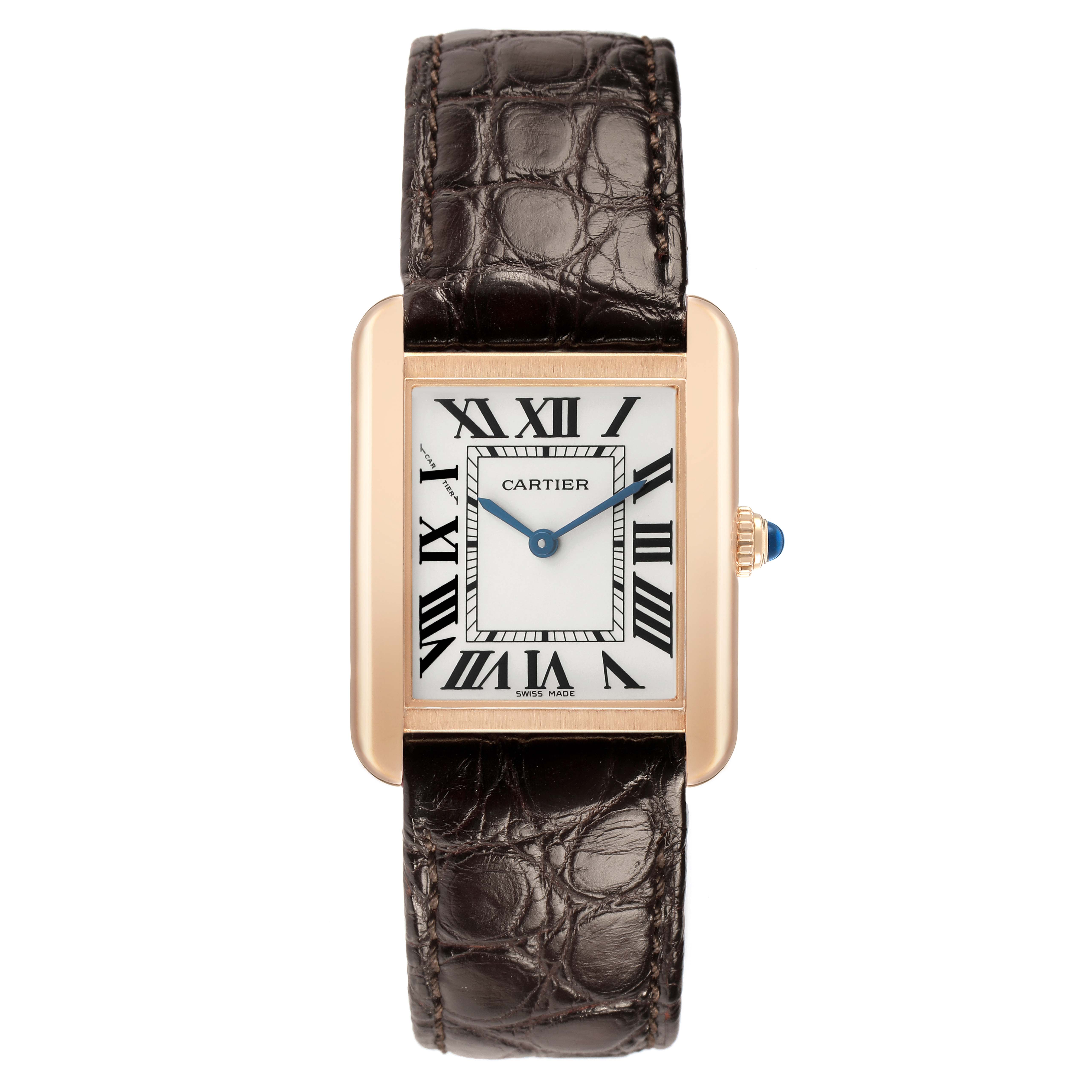 The Cartier Tank Solo W5200002 Women's Yellow Gold Silver Dial watch is shown from the front, displaying its rectangular face, Roman numerals, and brown leather strap.
