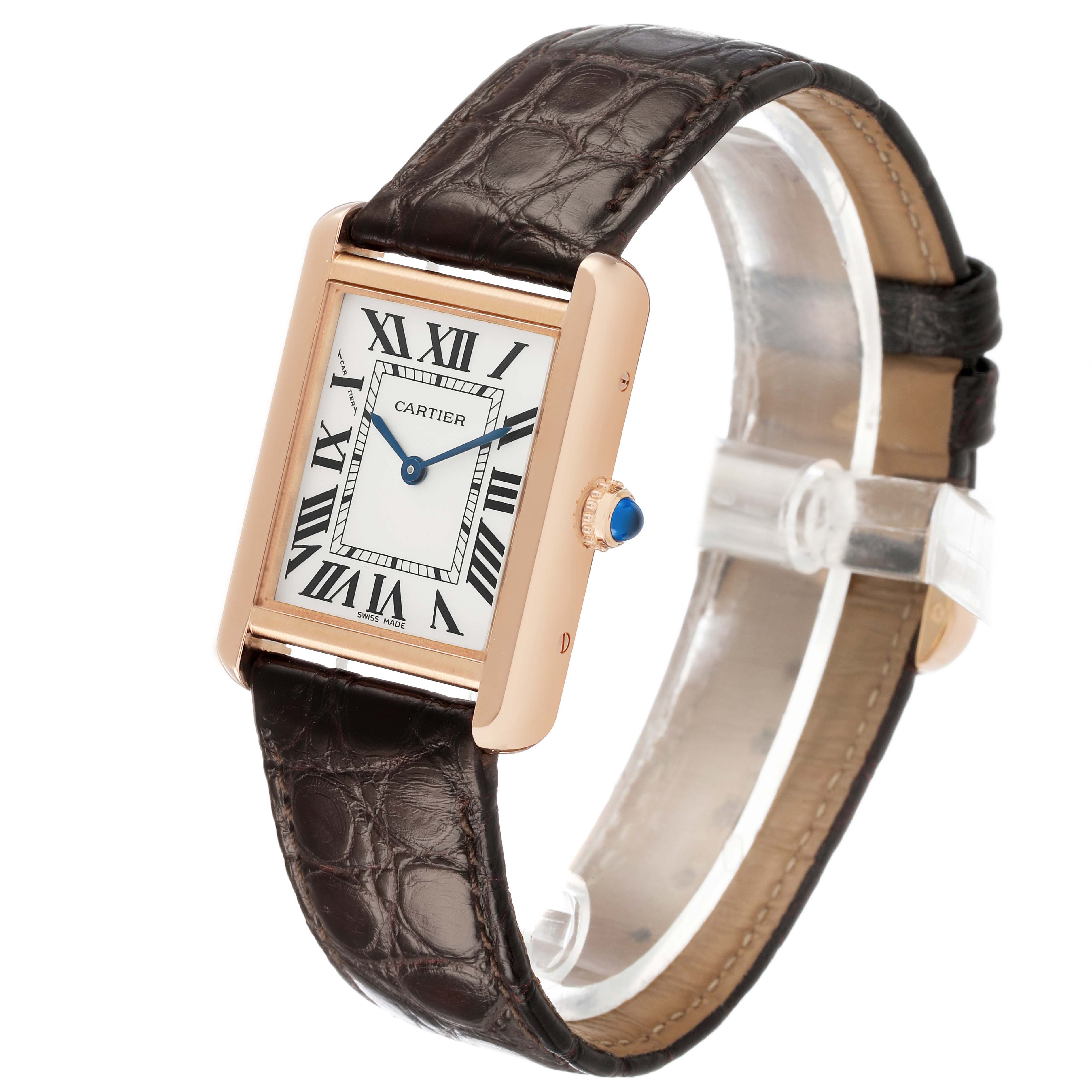 The Cartier Tank Solo W5200002 Women's Yellow Gold Silver Dial watch is shown at an angled side view, displaying the face, crown, and leather strap.
