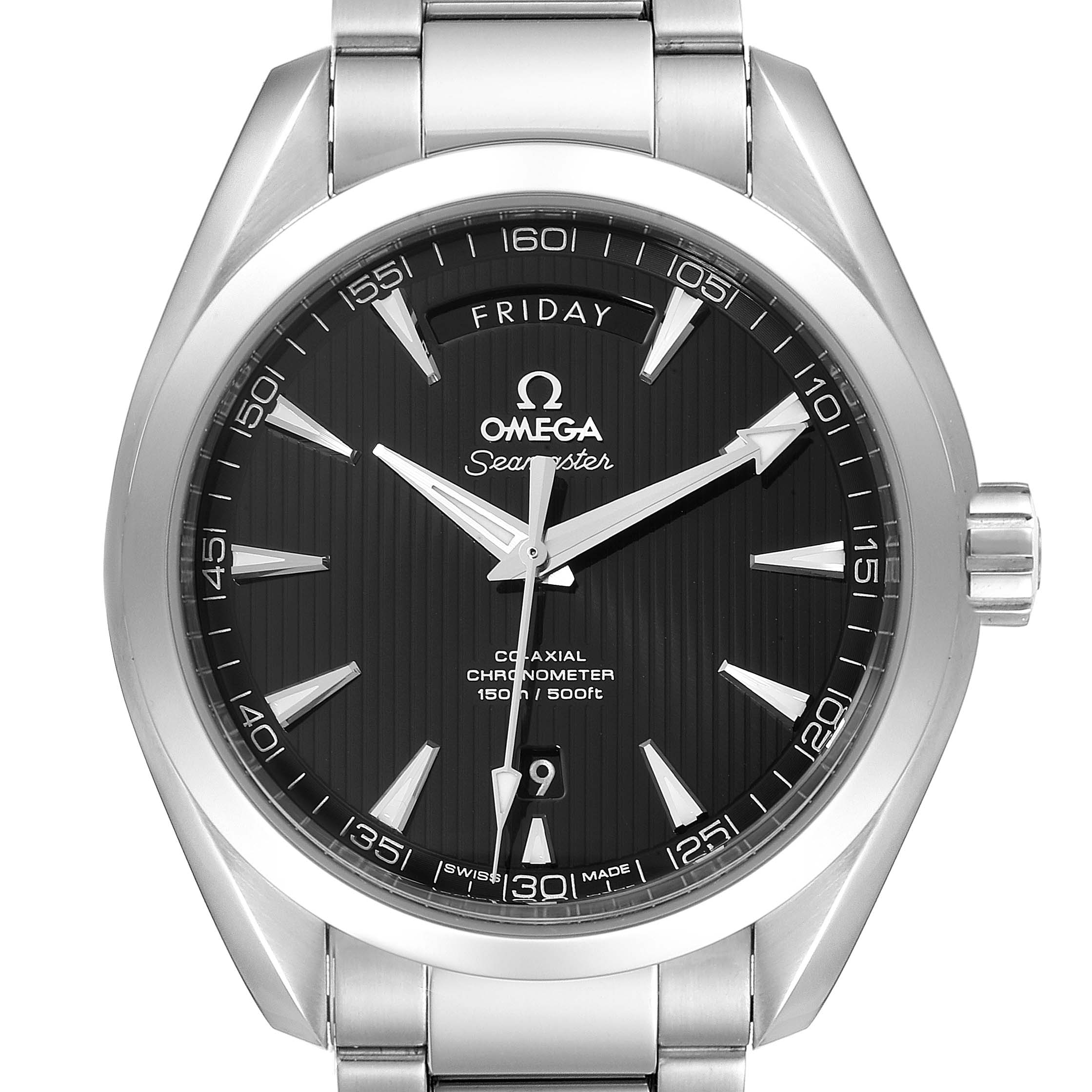 The Omega Aqua Terra 231.10.42.22.01.001 Men's Stainless Steel Black Dial 231.10.42.22.01.001 Men's Stainless Steel Black Dial watch is shown from a front angle, highlighting its dial, hands, and bracelet.