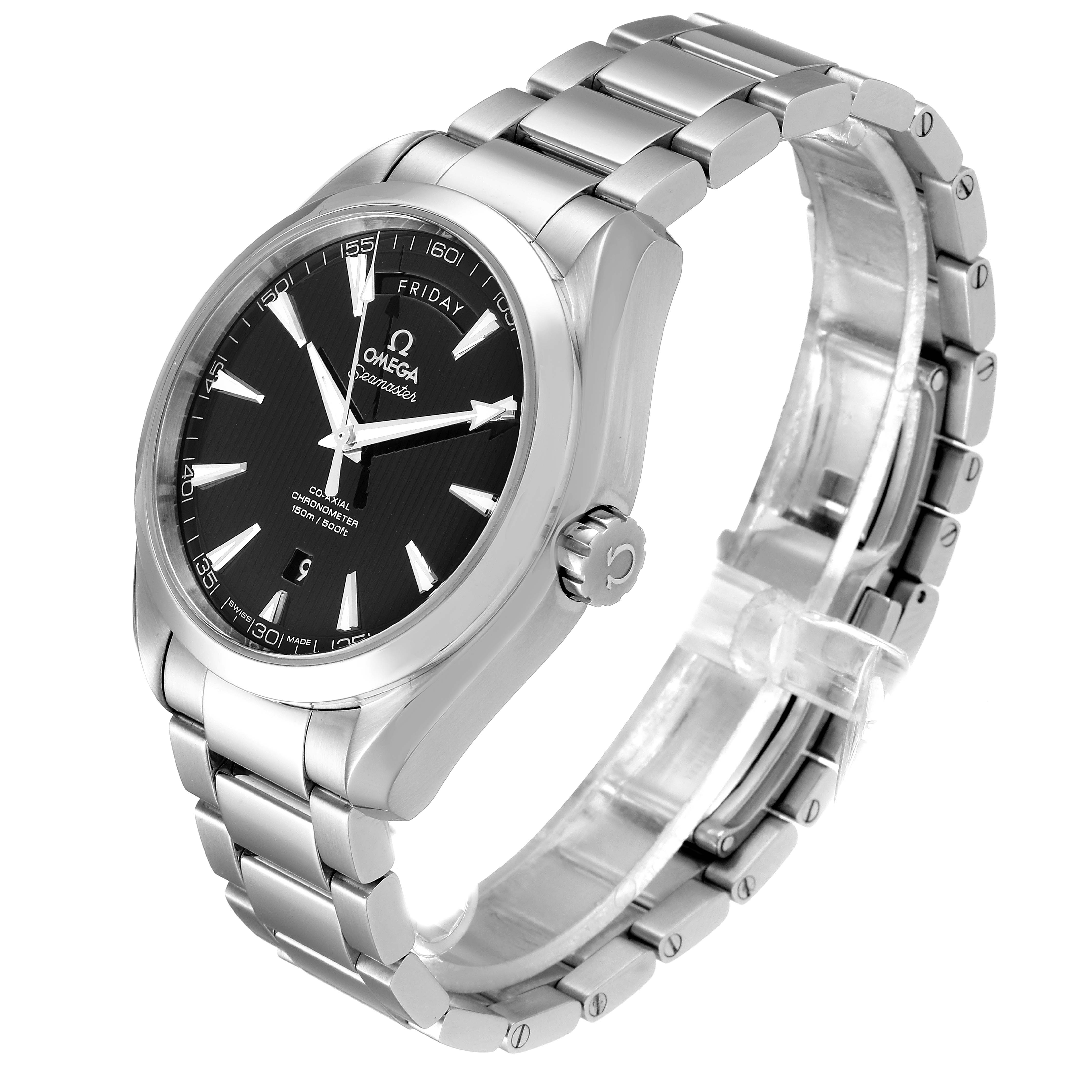 The image shows the Omega Aqua Terra 231.10.42.22.01.001 Men's Stainless Steel Black Dial 231.10.42.22.01.001 Men's Stainless Steel Black Dial watch at a slightly angled top-side view, highlighting its black dial and metal bracelet.