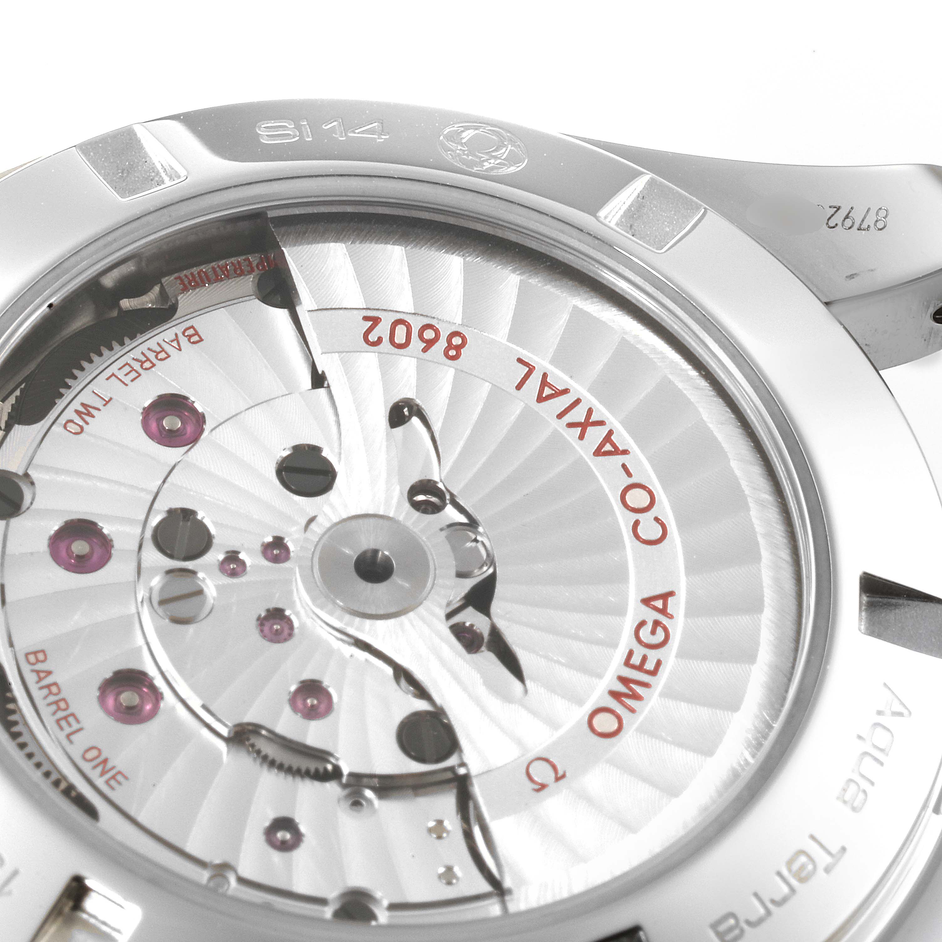 This image shows the back view of the Omega Aqua Terra 231.10.42.22.01.001 Men's Stainless Steel Black Dial 231.10.42.22.01.001 Men's Stainless Steel Black Dial watch, highlighting its Co-Axial 8602 movement.