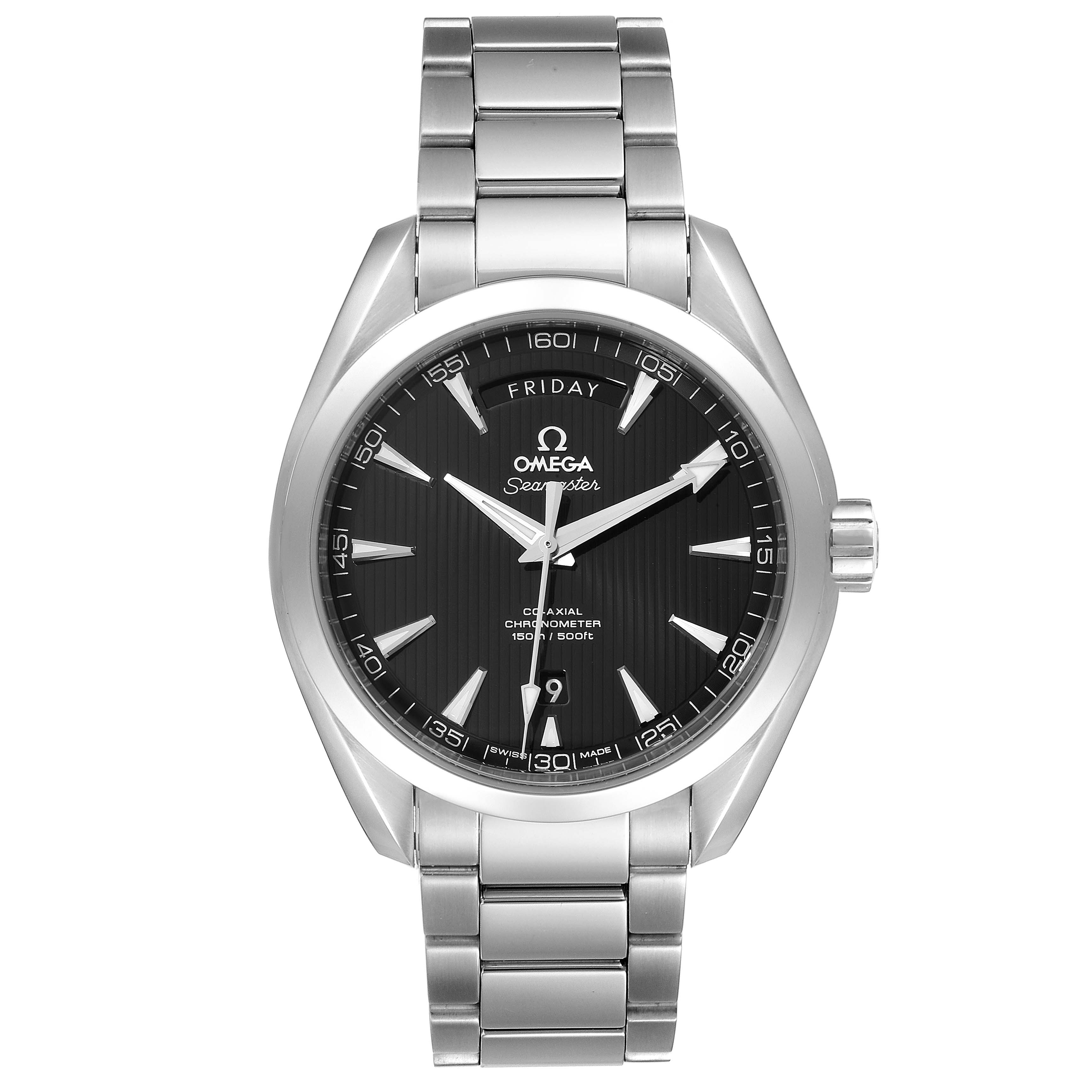 The Omega Aqua Terra 231.10.42.22.01.001 Men's Stainless Steel Black Dial 231.10.42.22.01.001 Men's Stainless Steel Black Dial watch is shown from a straight-on angle, displaying the face, hands, date, and bracelet.