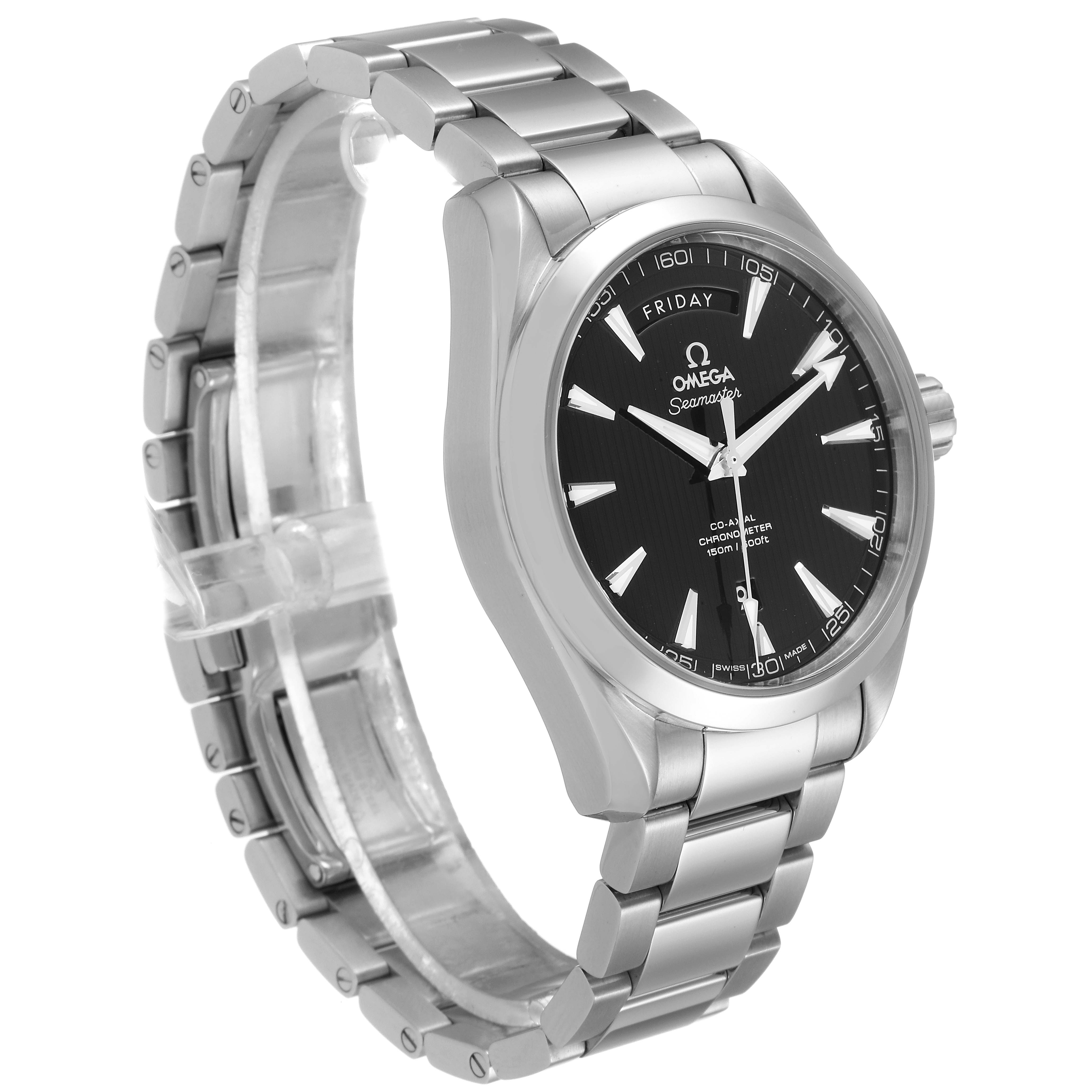 The Omega Aqua Terra 231.10.42.22.01.001 Men's Stainless Steel Black Dial 231.10.42.22.01.001 Men's Stainless Steel Black Dial watch is shown at a three-quarter angle, displaying the face, bezel, and bracelet.