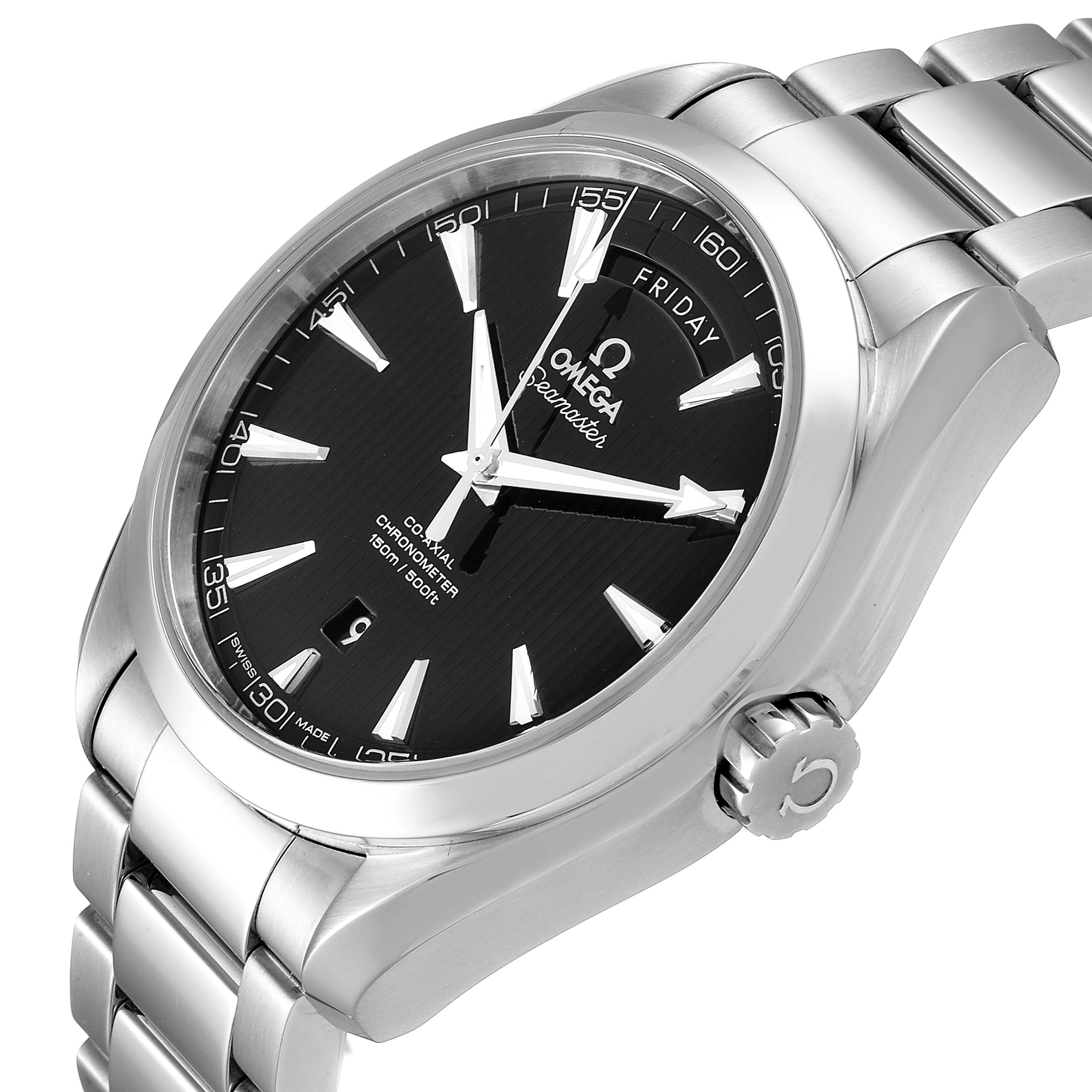 The Omega Aqua Terra 231.10.42.22.01.001 Men's Stainless Steel Black Dial 231.10.42.22.01.001 Men's Stainless Steel Black Dial watch is shown at an angled side view, highlighting the black dial, bezel, and bracelet.