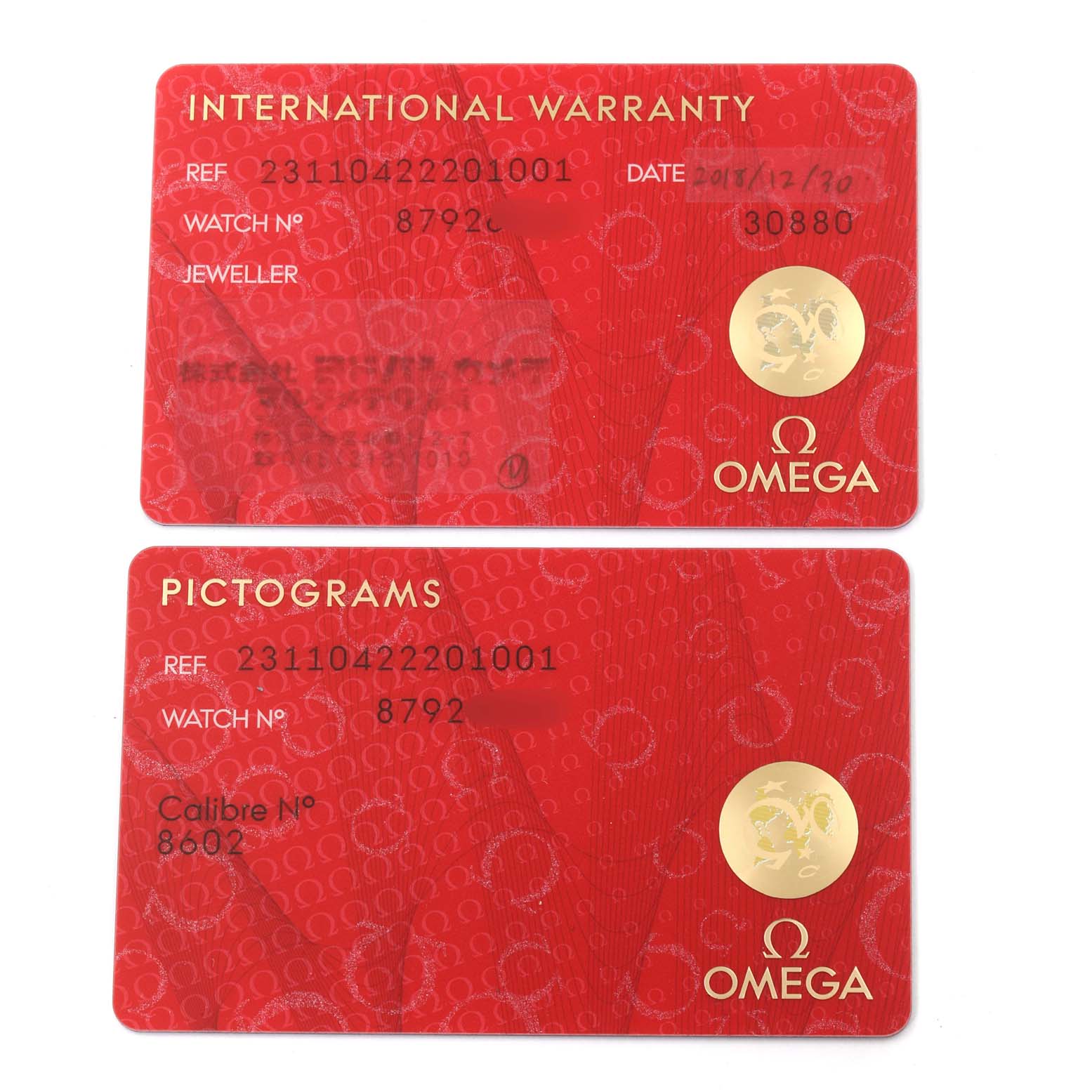 The image shows International Warranty and Pictograms cards for the Omega Aqua Terra 231.10.42.22.01.001 Men's Stainless Steel Black Dial 231.10.42.22.01.001 Men's Stainless Steel Black Dial watch model.