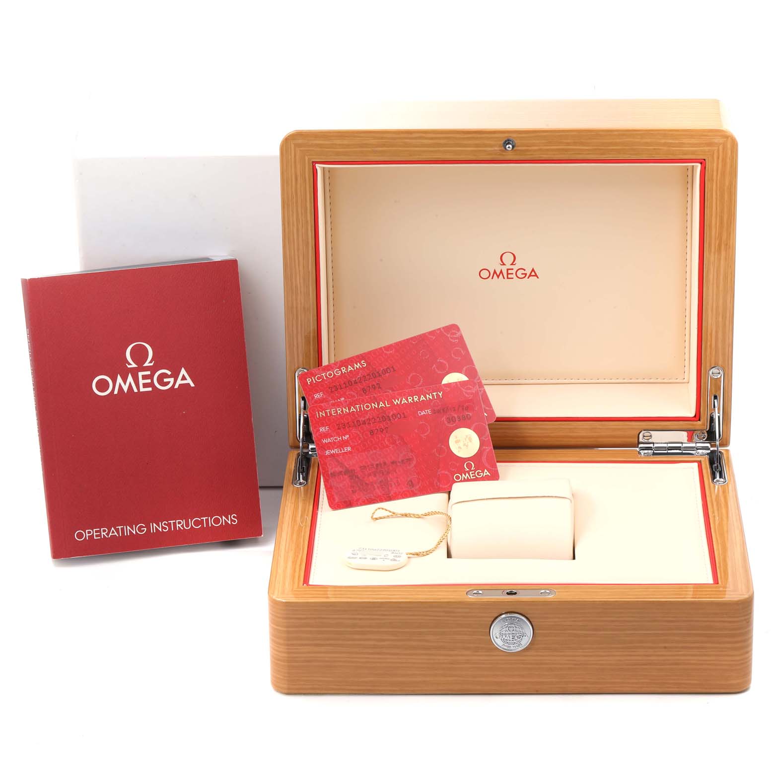 The image shows the Omega Aqua Terra 231.10.42.22.01.001 Men's Stainless Steel Black Dial 231.10.42.22.01.001 Men's Stainless Steel Black Dial watch's box, international warranty cards, and operating instructions from a front angle.